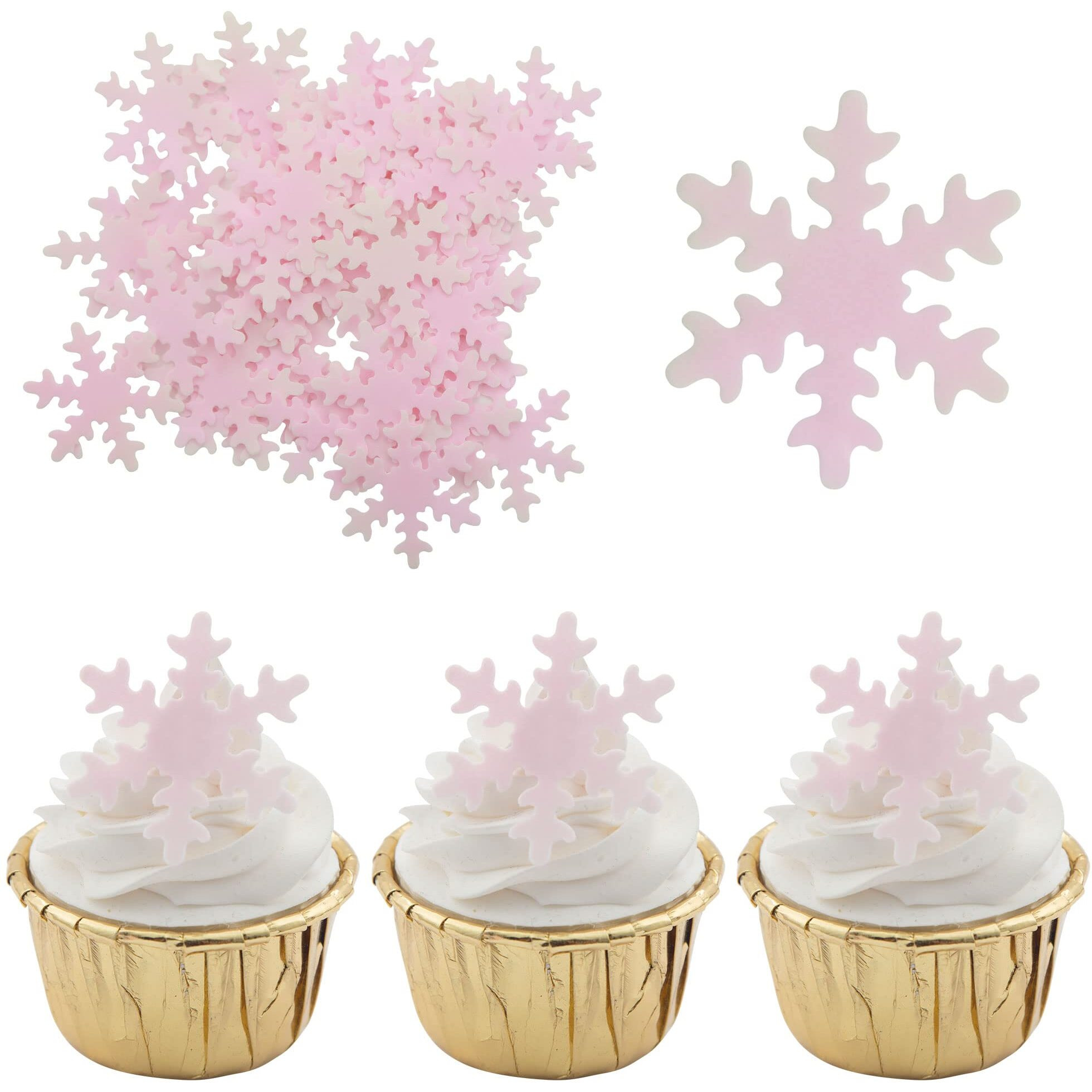 Gyufise 50Pcs Pink Edible Cupcake Cake Toppers Snowflake Cake Decorations For Christmas Winter Frozen Theme Party Supply Decoration