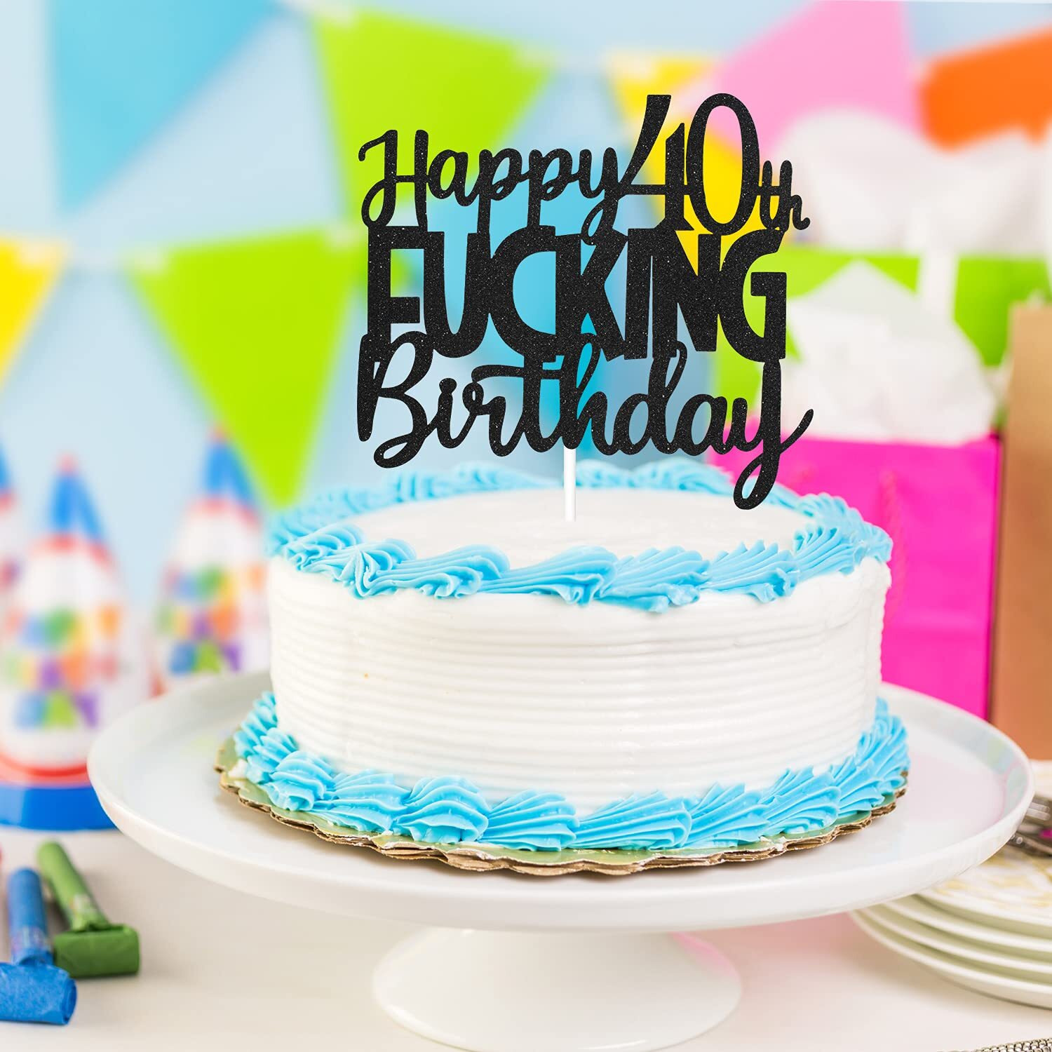 Happy 40Th Birthday Cake Topper - Funny Black Glitter 40Th Birthday Cake Toppers For Women - 40Th Birthday Decorations For Men Party Decoration