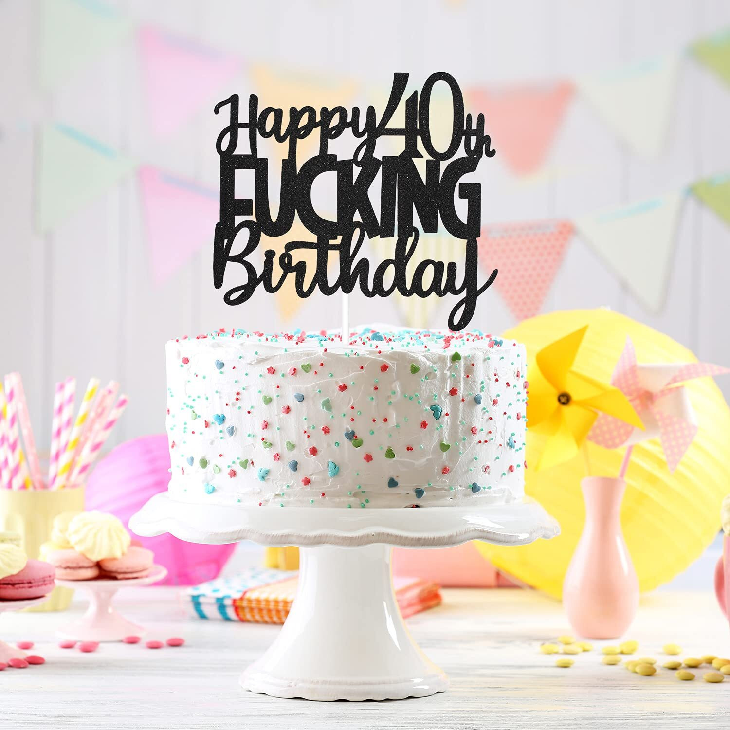 Happy 40Th Birthday Cake Topper - Funny Black Glitter 40Th Birthday Cake Toppers For Women - 40Th Birthday Decorations For Men Party Decoration