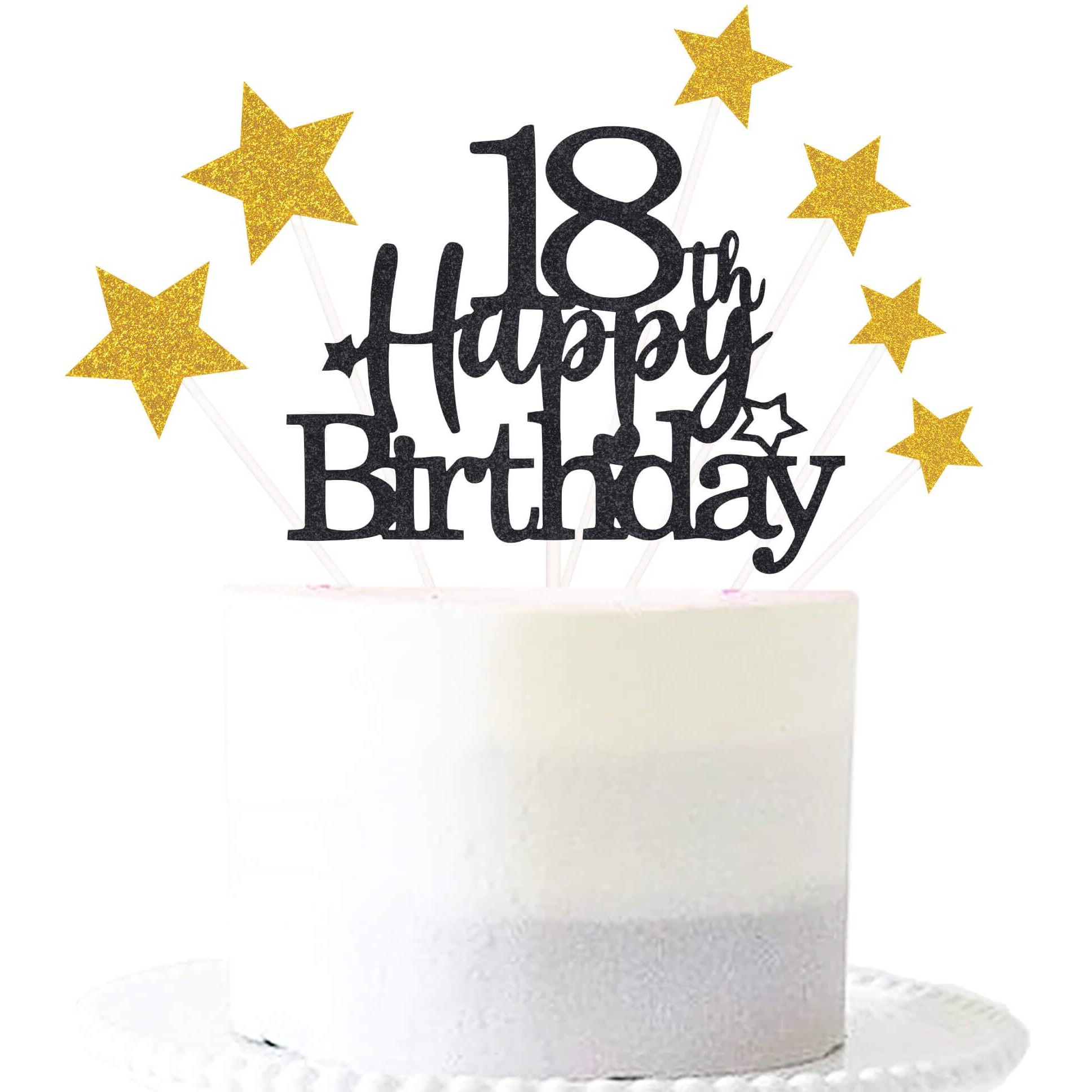 Pargleev Glittery 18Th Happy Birthday Cake Topper With Star,Personalised 18 Birthday Cake Toppers Party Decorations Party Supplies For Boys Girls Black Gold