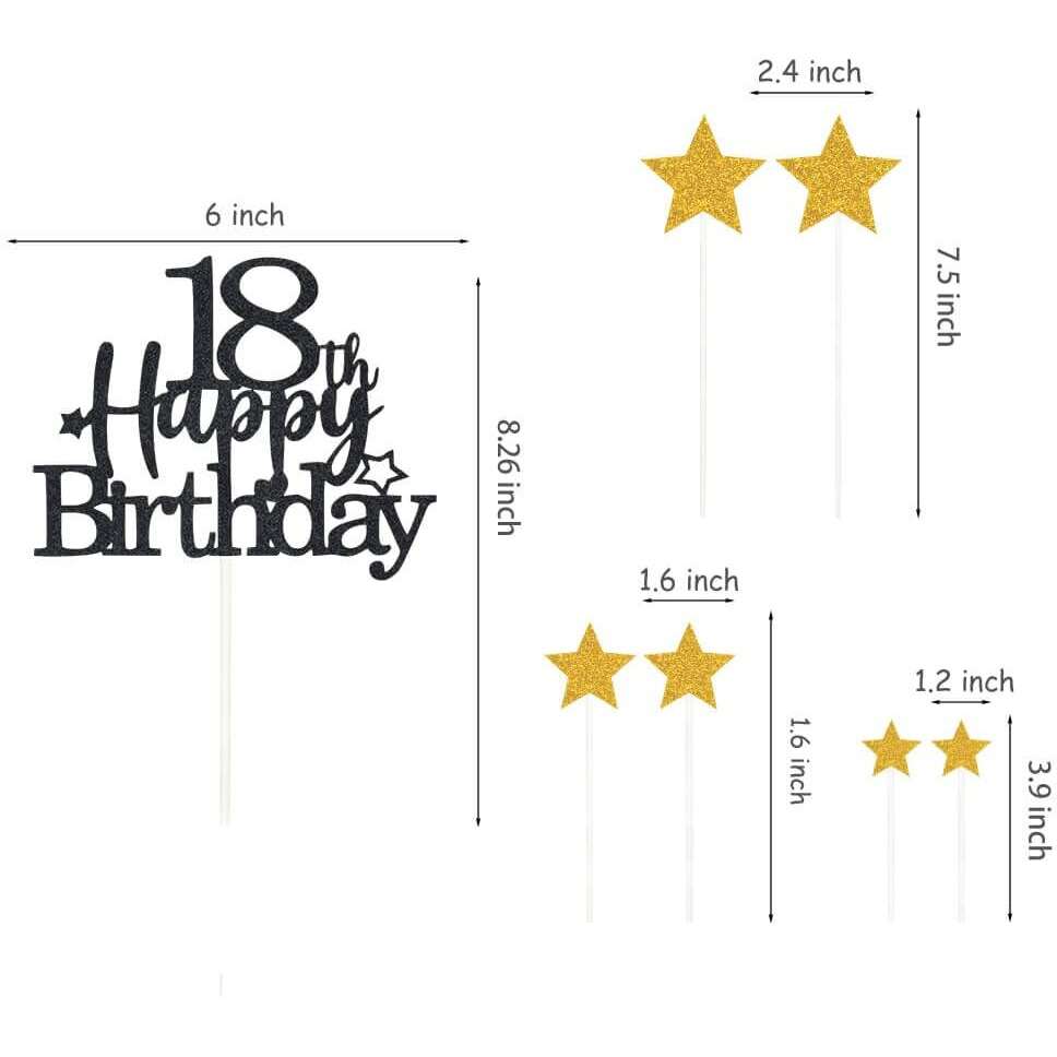 Pargleev Glittery 18Th Happy Birthday Cake Topper With Star,Personalised 18 Birthday Cake Toppers Party Decorations Party Supplies For Boys Girls Black Gold
