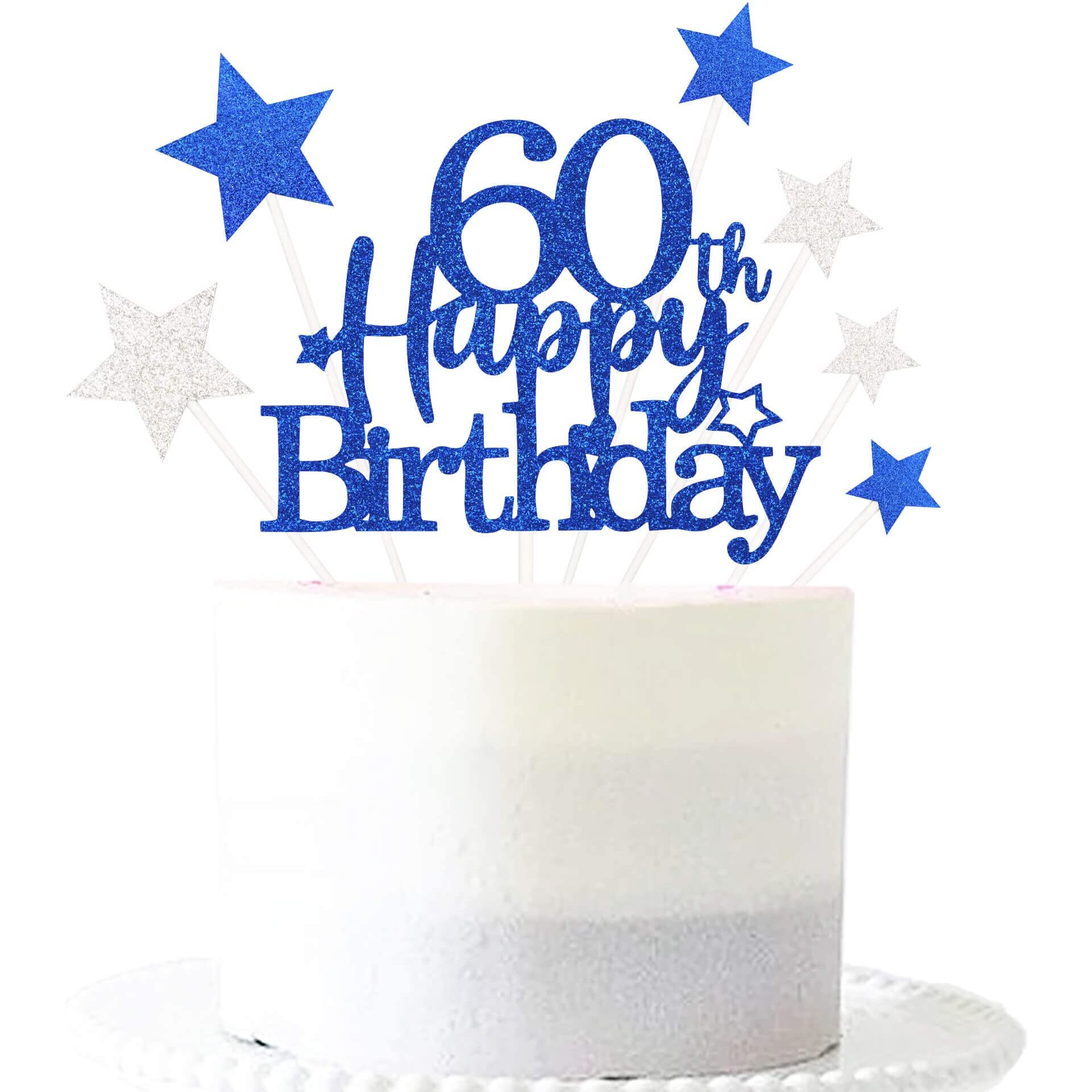 Pargleev Glittery 60Th Happy Birthday Cake Topper With Star,Personalised 60 Birthday Cake Toppers Party Decorations Party Supplies For Men Women Blue