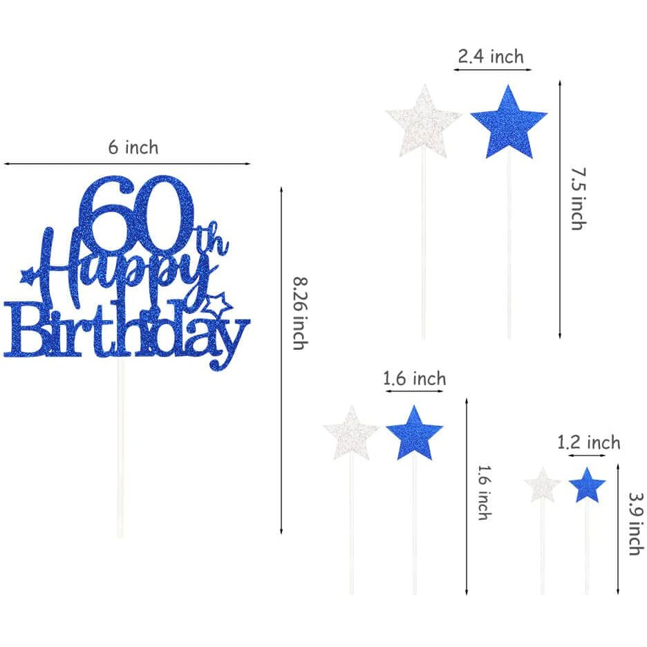 Pargleev Glittery 60Th Happy Birthday Cake Topper With Star,Personalised 60 Birthday Cake Toppers Party Decorations Party Supplies For Men Women Blue