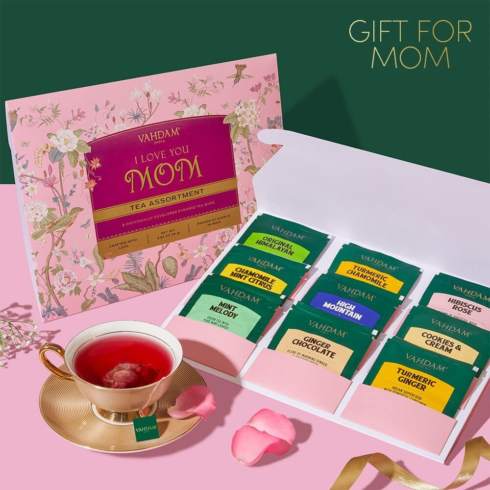 I Love You Mom - Gifts For Mom | Assorted Tea Gift Set (9 Count) Individually Wrapped Long Leaf Pyramid Tea Bags | Mom Gift From Daughter & Son