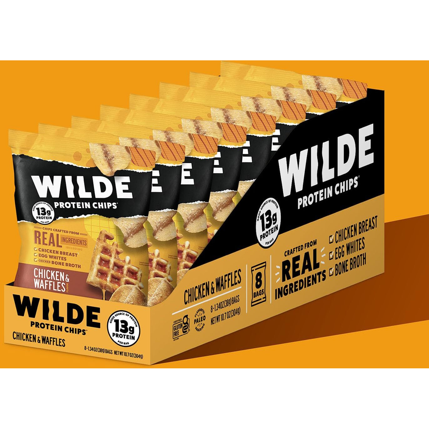 Wilde Chicken & Waffles Protein Chips, Thin And Crispy, High Protein, Keto, Made With Real Ingredients, 1.34Oz Bags (Pack Of 8)