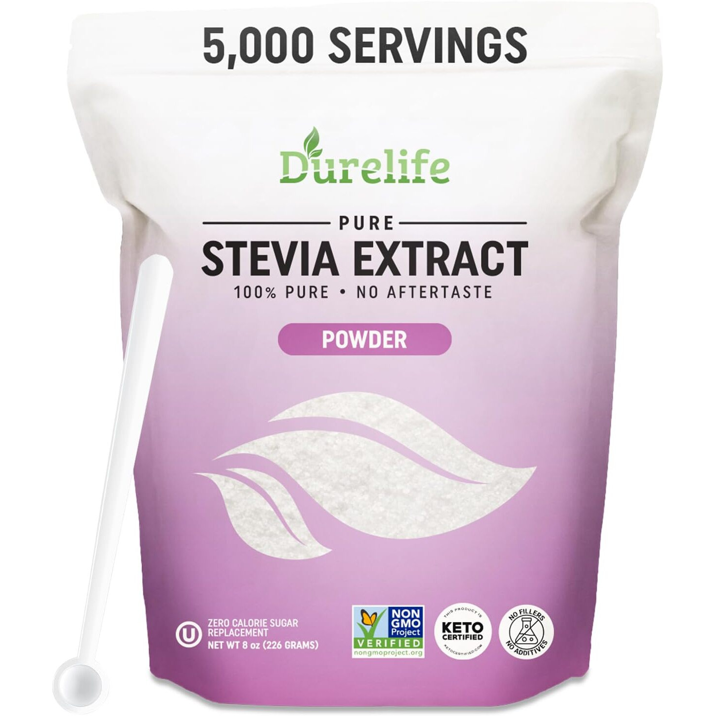 Durelife 100% Pure Stevia Extract Sweetener 8 Oz | No Erythritol, Non-Gmo Project Verified, No Fillers, Zero Calorie Sugar Substitute | No Aftertaste | Micro-Spoon Included | Over 5000 Servings | 8 Oz