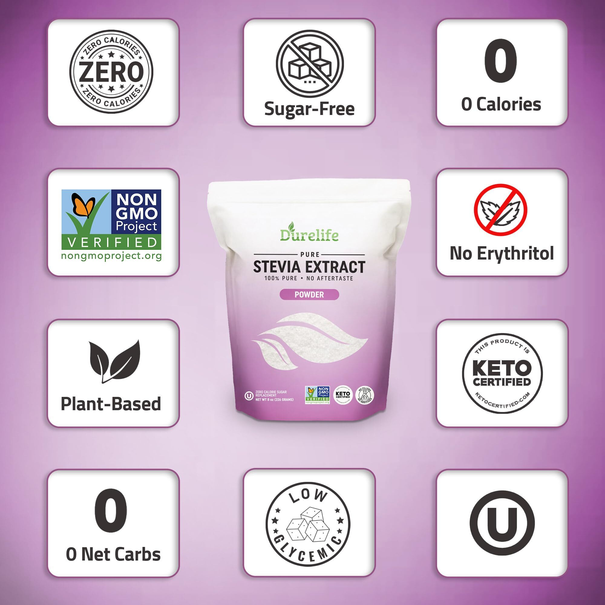 Durelife 100% Pure Stevia Extract Sweetener 8 Oz | No Erythritol, Non-Gmo Project Verified, No Fillers, Zero Calorie Sugar Substitute | No Aftertaste | Micro-Spoon Included | Over 5000 Servings | 8 Oz