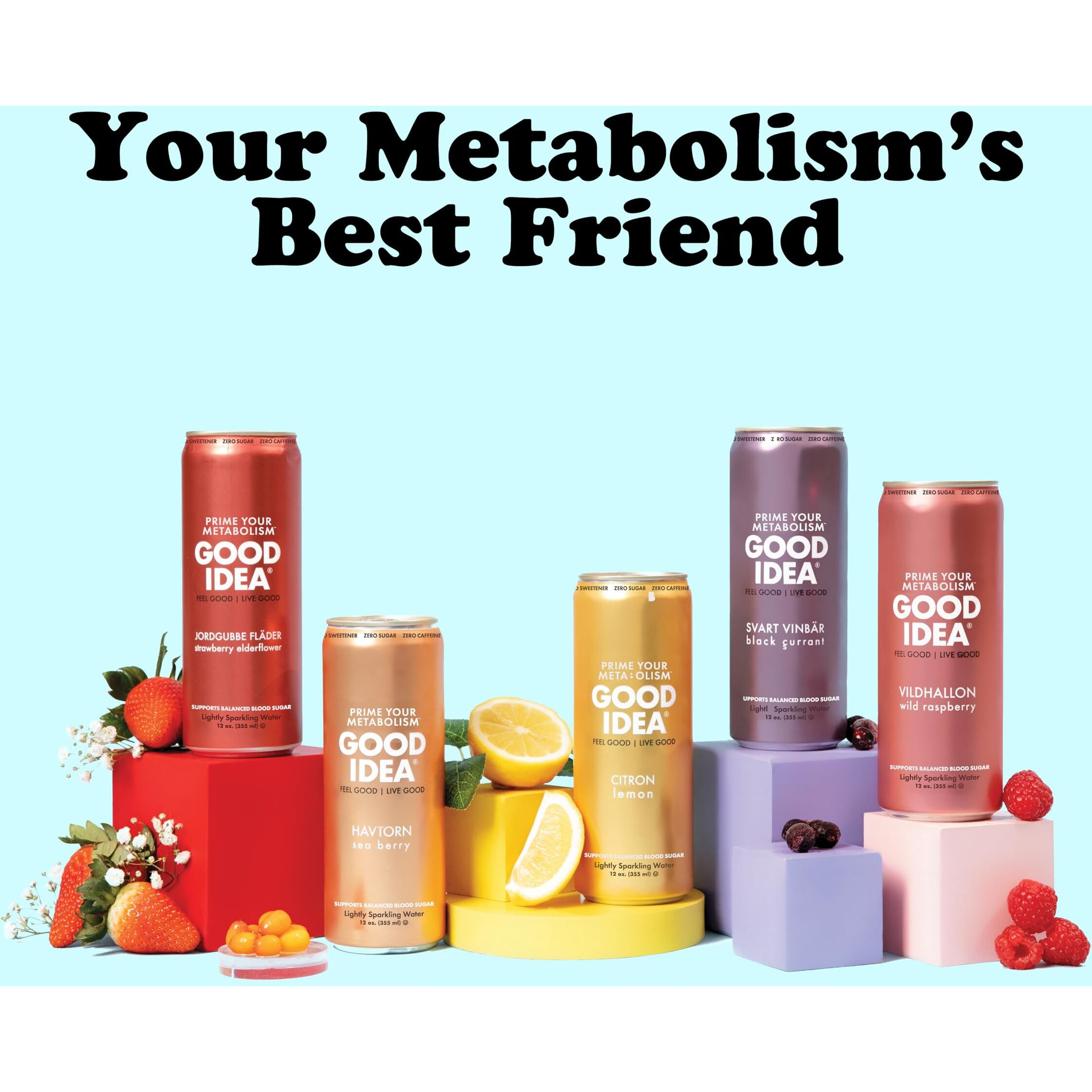 Good Idea - Functional Sparkling Water - 5 Flavors - Primes Metabolism, Balances Blood Sugar - Caffeine Free, Vegan, Keto Friendly, Non Gmo, Gluten Free, Kosher - Variety Pack Bundle - 12Oz - 30 Cans