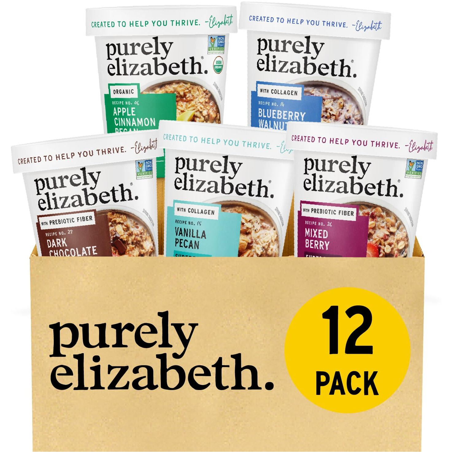 Purely Elizabeth Best Sellers Variety Pack Superfood Oatmeal Cups, Great For Overnight Oats, Gluten-Free, 2 Ounce (Pack Of 12)