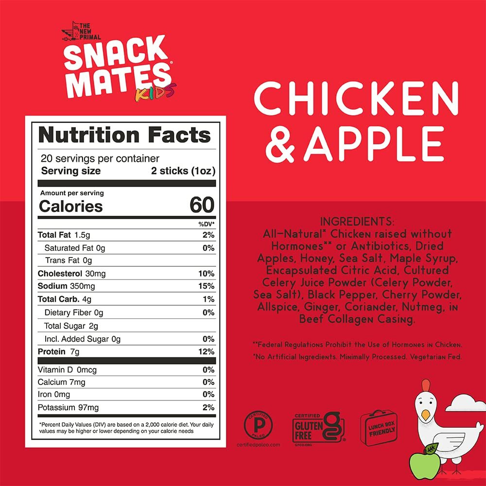 The New Primal Snack Mates Chicken & Apple Sticks, Gluten Free Healthy Snacks For Kids, Low Sugar High Protein Back To School Snacks, Mini Paleo Jerky Meat Stick, 7G Protein, 60 Calories, 10 Pack