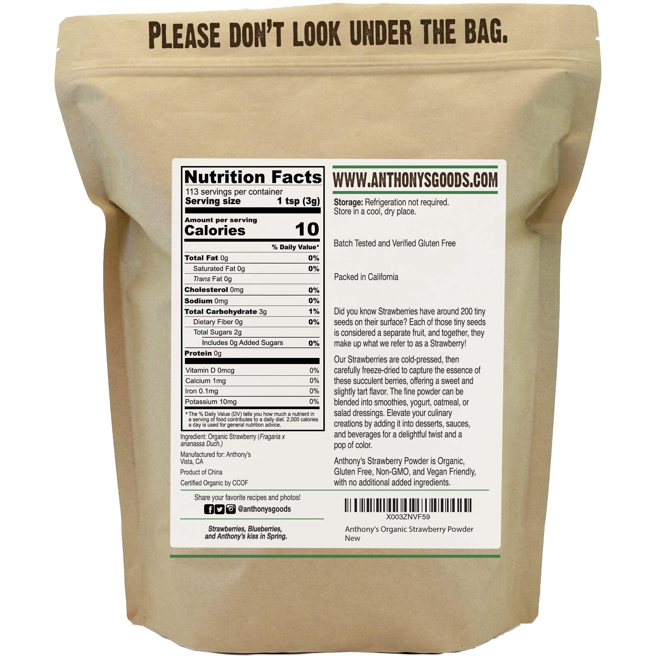 Anthony's Organic Strawberry Powder, 12 Oz, Freeze Dried, Gluten Free, No Sugar Added, Non Gmo