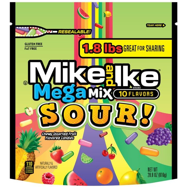 Mega Mix Sour Mike And Ike Candy, 28.8 Ounce Bag (Pack Of 1), Chewy Candy, Vending Machine Candy, Gummy Candy Mix, Sour Candy