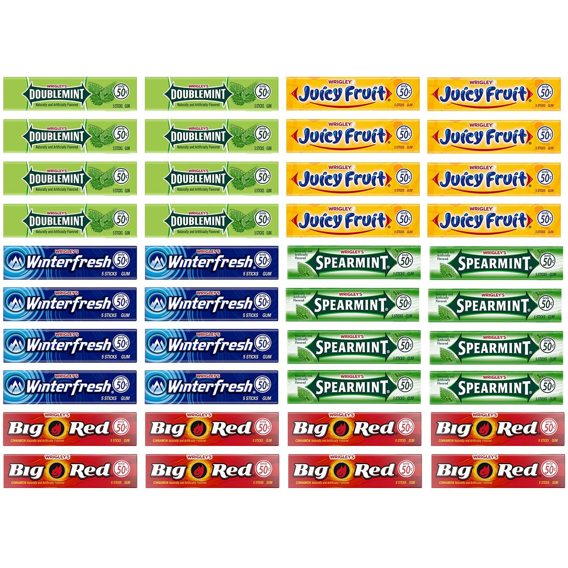 Wrigley's Chewing Gum Assortment 40 Packs - 8 Packs Of Each (5 Flavors) Doublemint, Spearmint, Juicy Fruit, Big Red, Winterfresh Bulk Gum