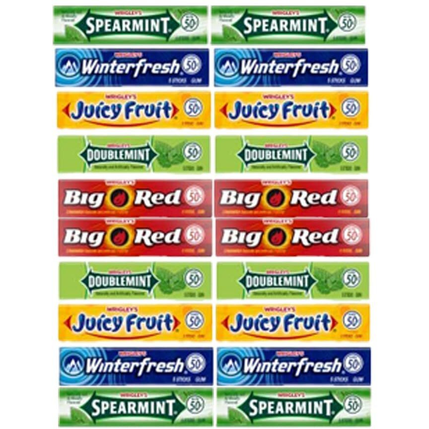 Wrigley's Chewing Gum Assortment 40 Packs - 8 Packs Of Each (5 Flavors) Doublemint, Spearmint, Juicy Fruit, Big Red, Winterfresh Bulk Gum