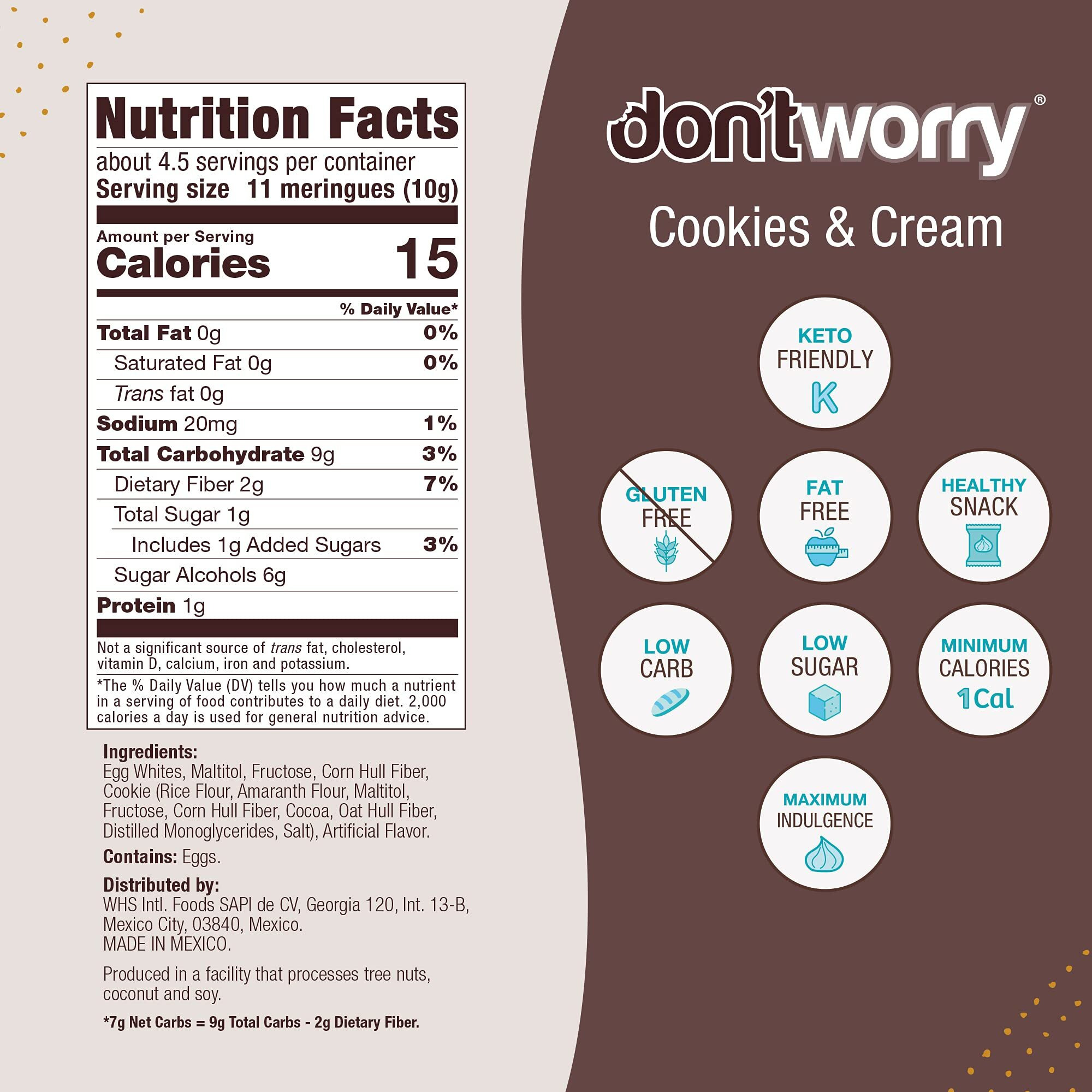 Don'Tworry Keto Friendly Merengue Cookies | Only 1 Calorie Per Piece | 2 Pack - Cookies And Cream | Healthy Candy, Gluten Free Snacks, Low Carb, Low Sugar, Low Calories