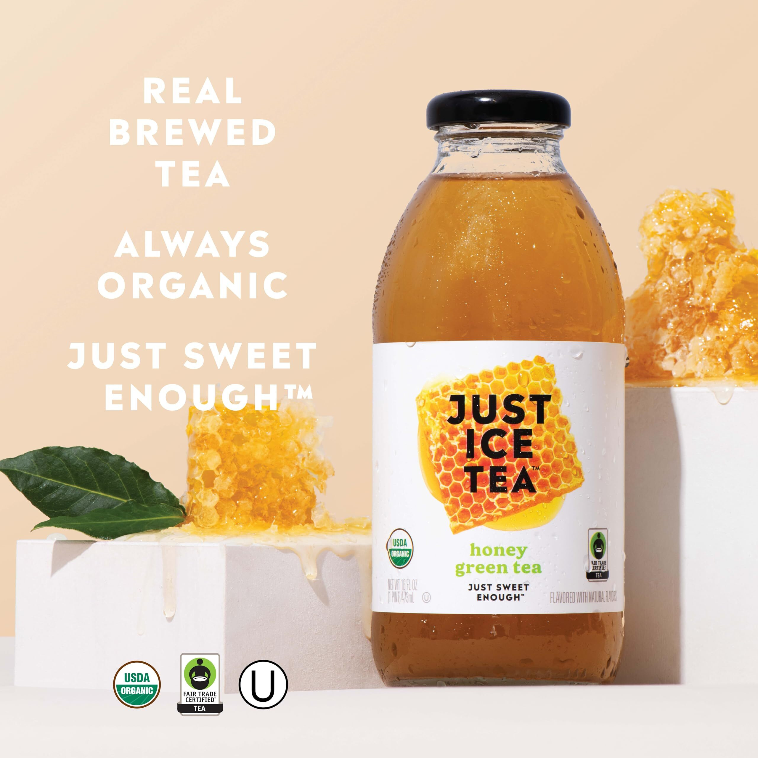 Just Ice Tea Organic Iced Tea, 16 Fl Oz Glass Bottles (Honey Green Tea, Pack Of 12)
