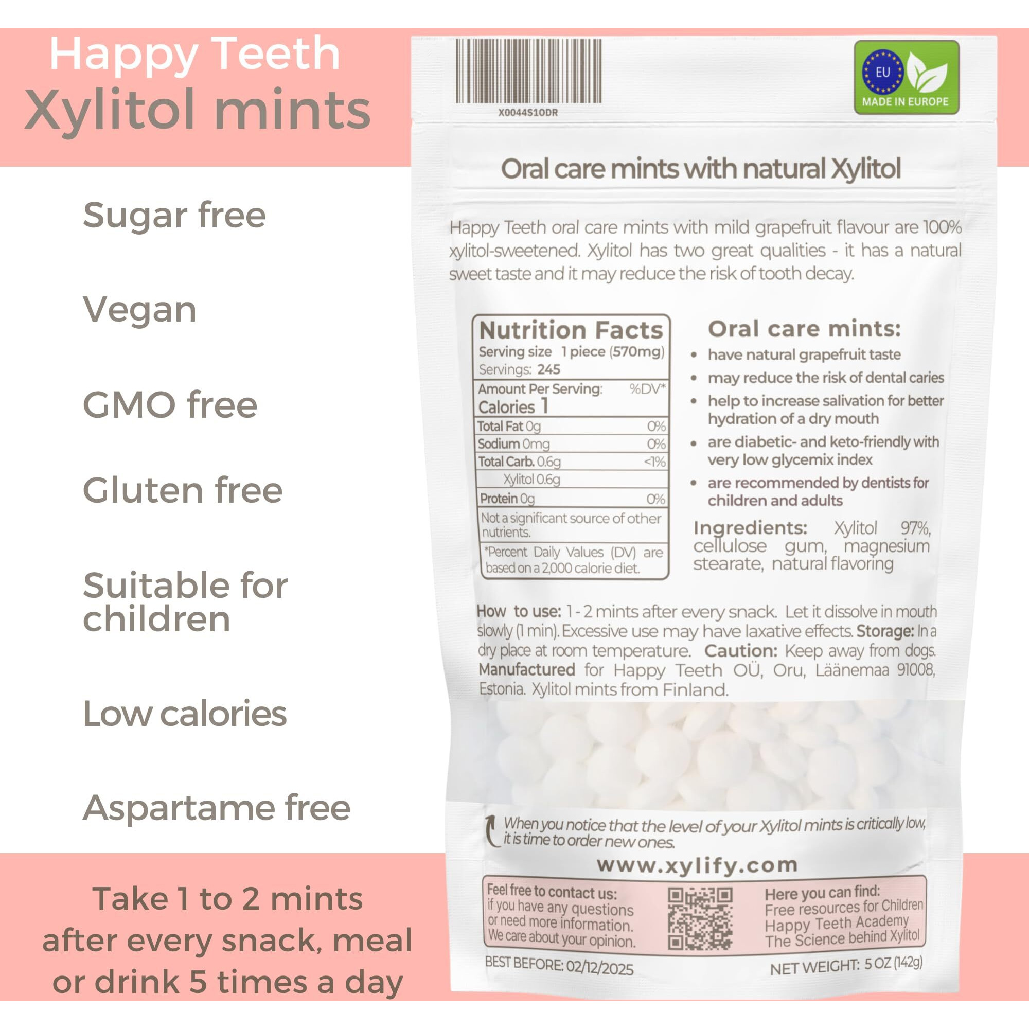 Xylitol Mints For Oral Care - Grapefruit Flavor, 100% Xylitol Sweetened, Sugar Free Candy, Happy Teeth Dental Mints From Finland, 5Oz - 245 Mints