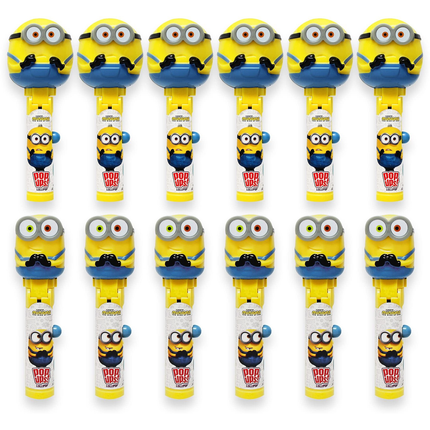 Pop Ups Minions Lollipop Holder | Collectable Despicable Me Lollipop Case | Party Favors For Halloween, Goodie Bags, Piata Candy, Game Prizes | Bulk Set Of 12 | Lollipops Included