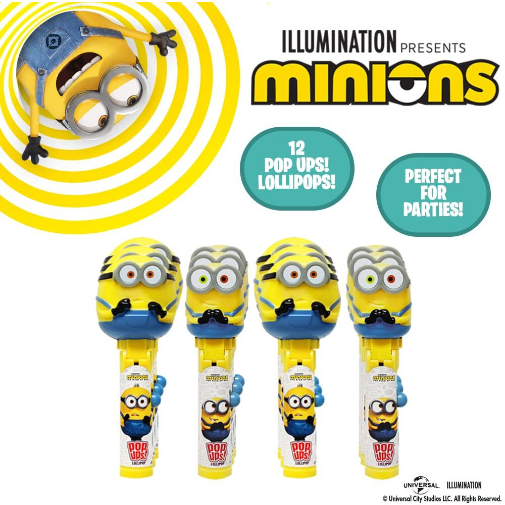 Pop Ups Minions Lollipop Holder | Collectable Despicable Me Lollipop Case | Party Favors For Halloween, Goodie Bags, Piata Candy, Game Prizes | Bulk Set Of 12 | Lollipops Included