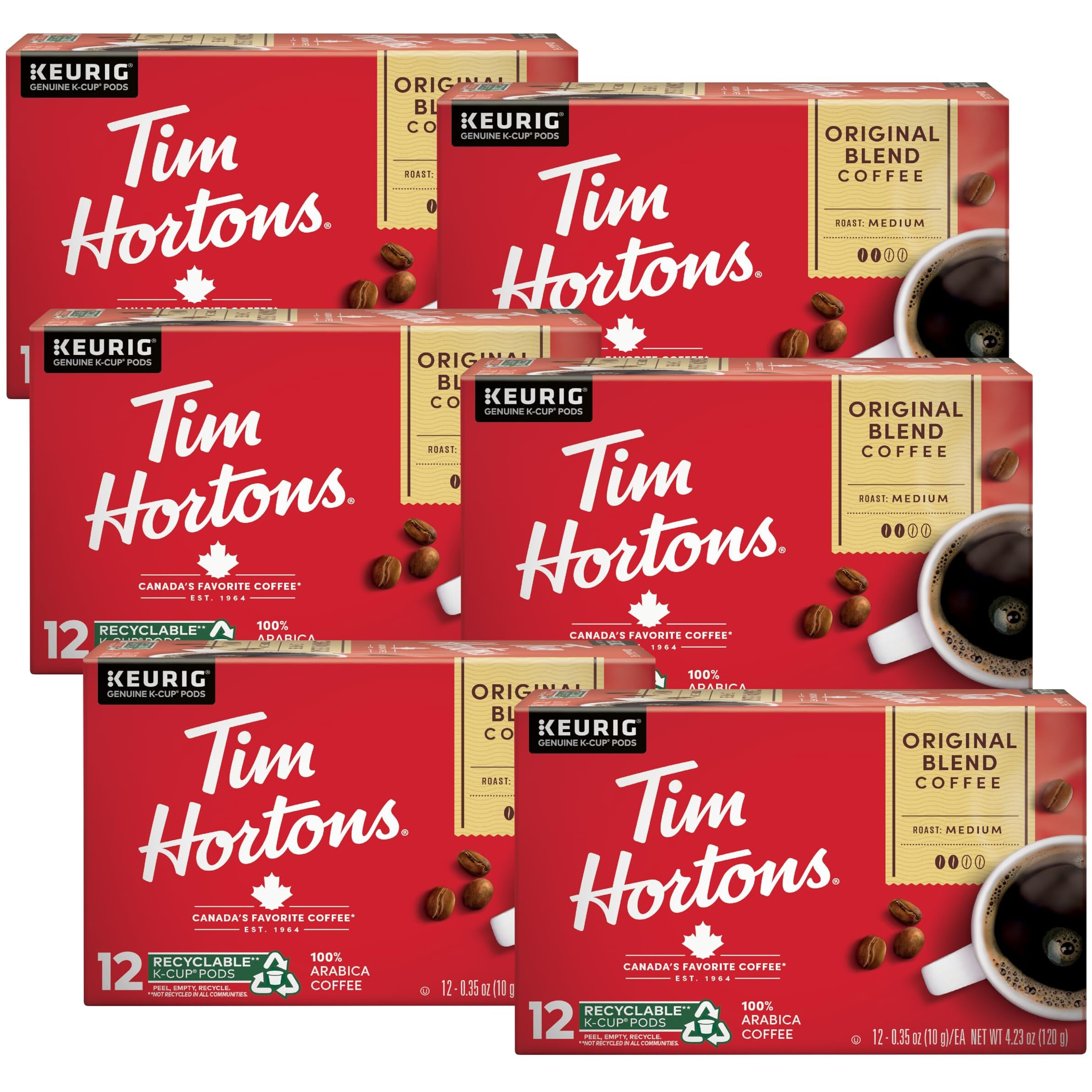 Tim Hortons Original Blend, Medium Roast Coffee, Single-Serve K-Cup Pods Compatible With Keurig Brewers, 72Ct K-Cups, 12 Count (Pack Of 6)