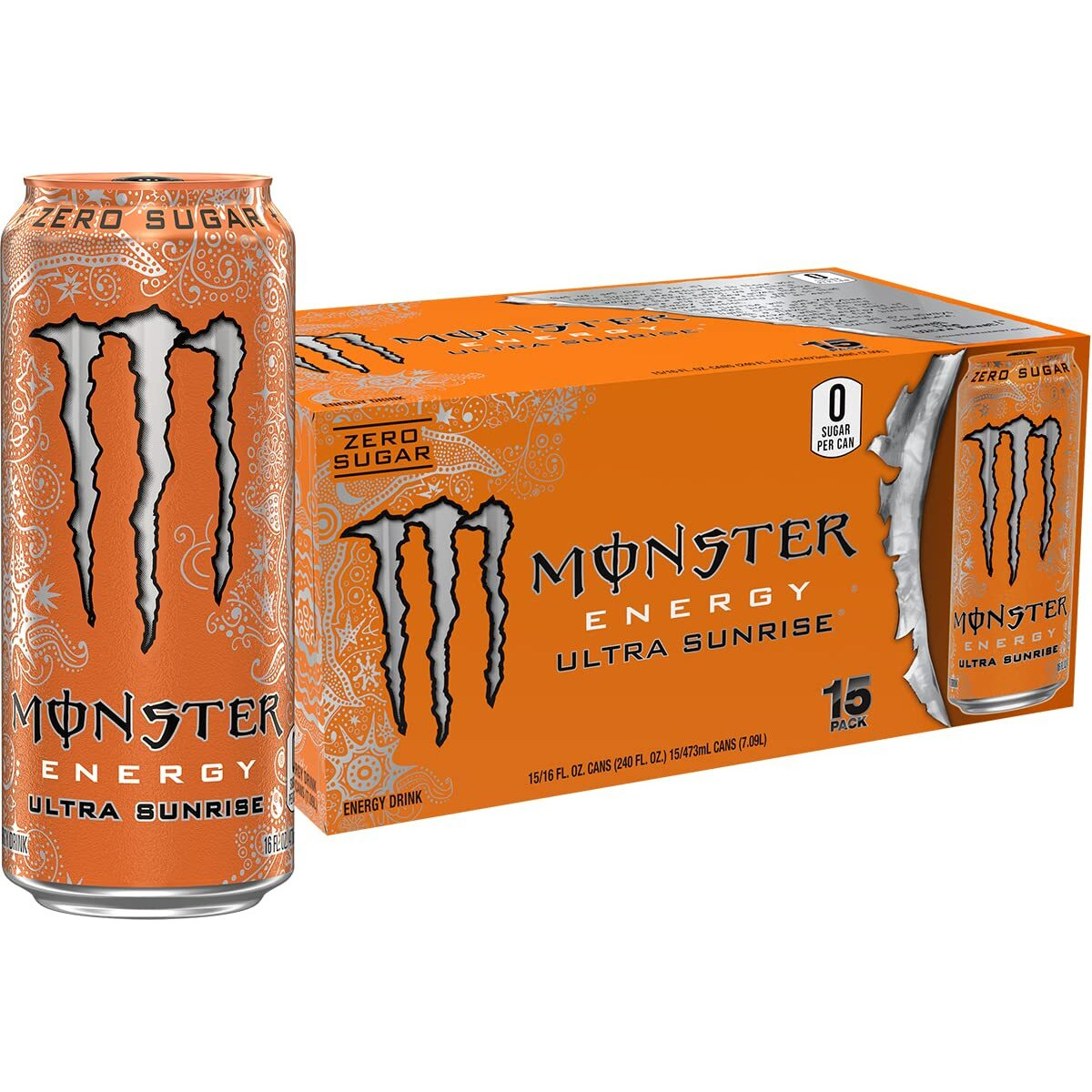 Monster Energy Ultra Sunrise, Sugar Free Energy Drink, 16 Fl Oz (Pack Of 15)
