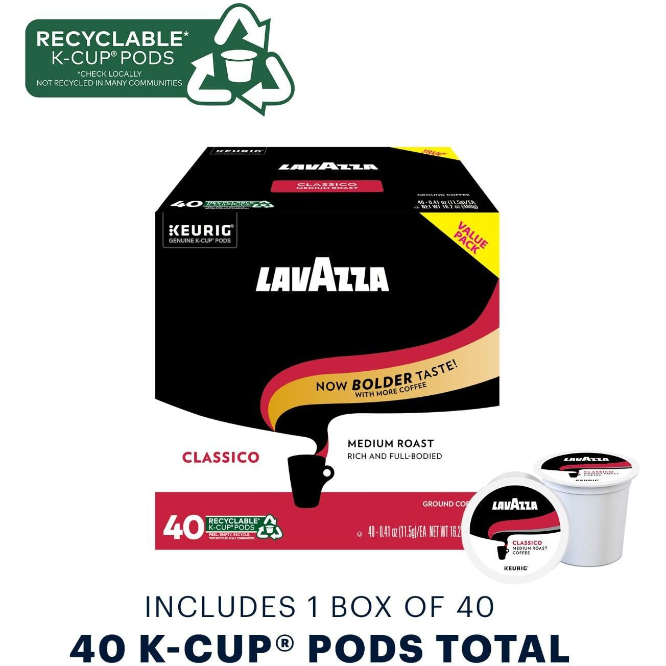 Lavazza Medium Roast Singleserve Coffee Kcups For Keurig Brewer, Classico, 40 Count