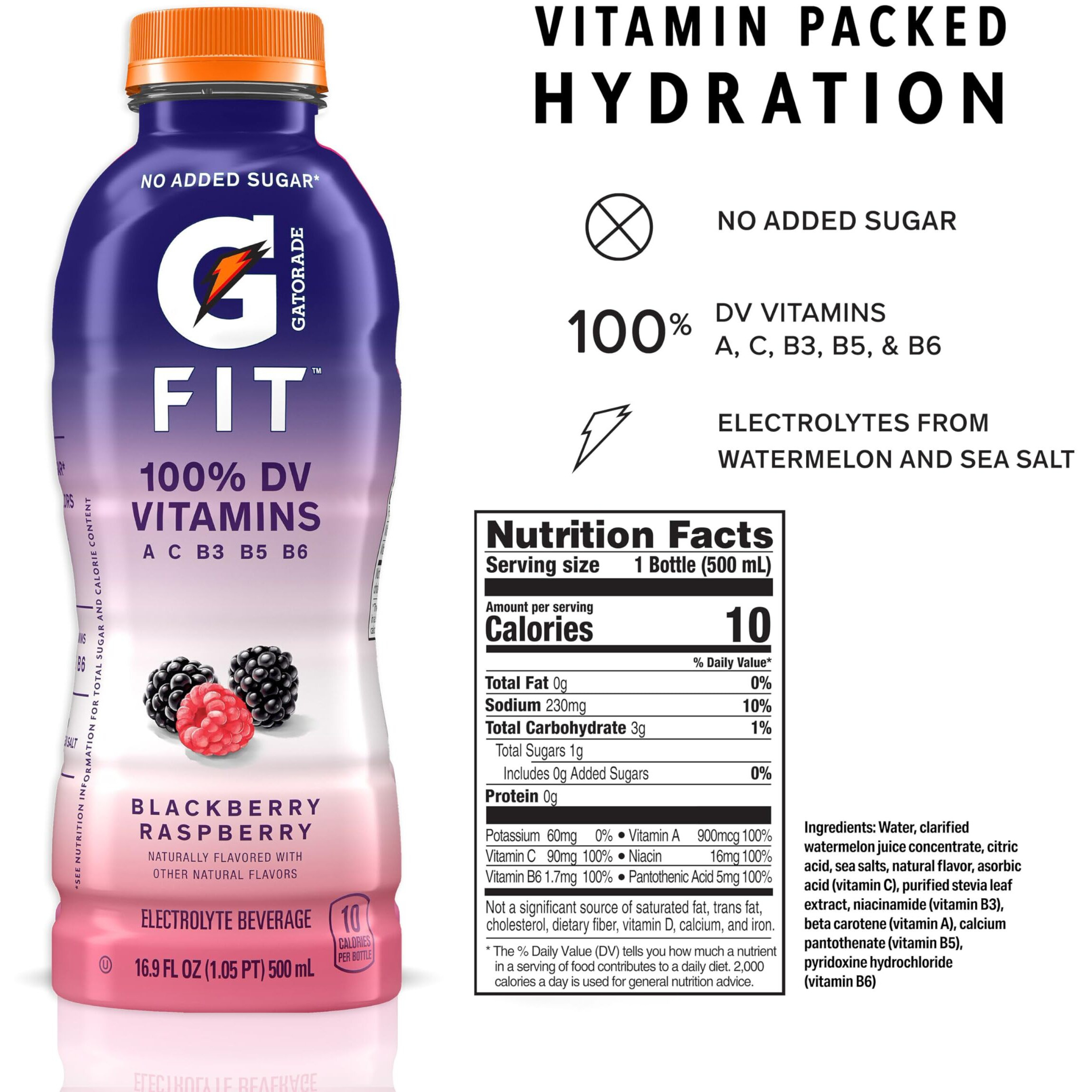 Gatorade Fit Electrolyte Beverage, Healthy Real Hydration, Blackberry Raspberry, 16.9.Oz Bottles (12 Pack)