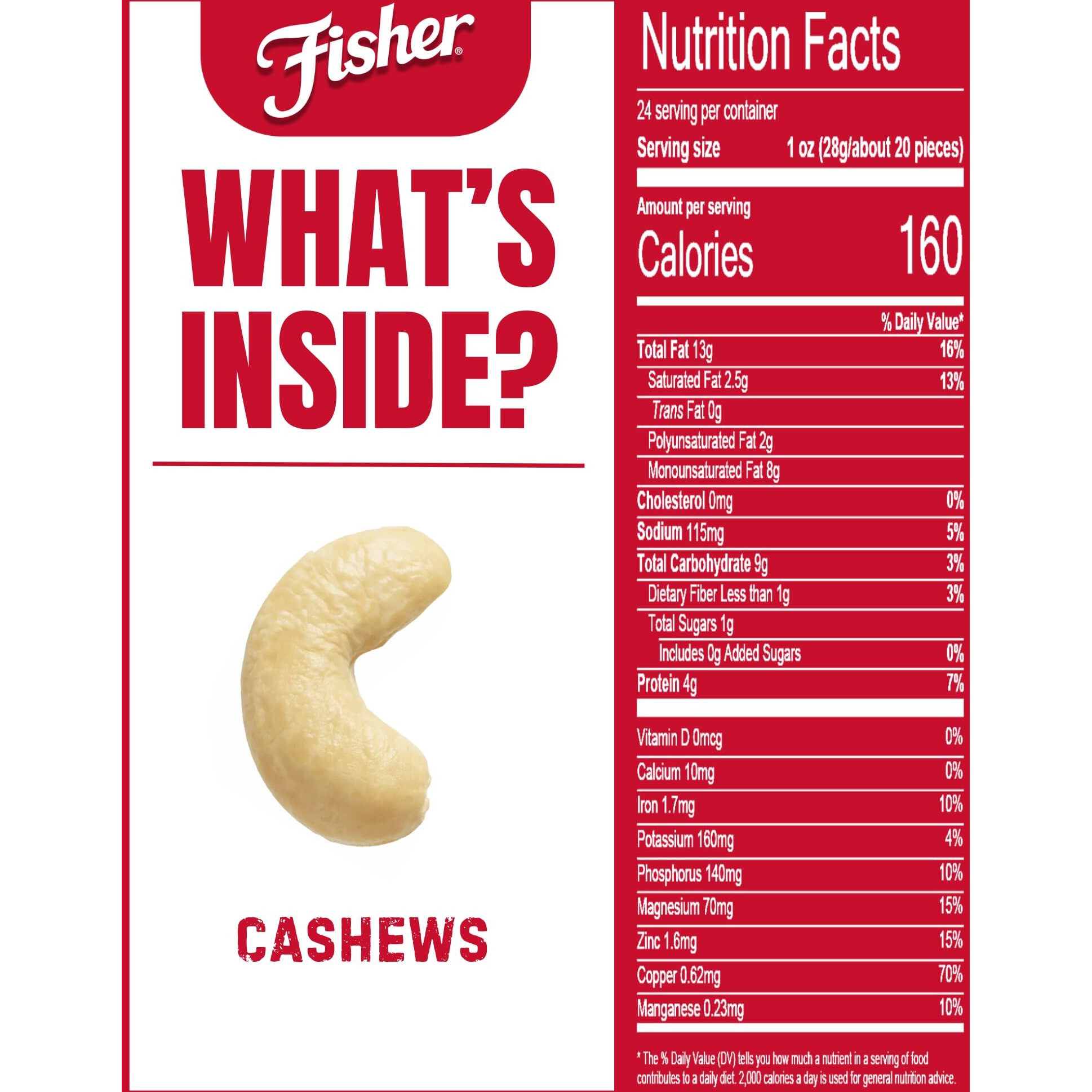 Fisher Oven Roasted Never Fried Whole Cashews, 24 Ounces (Pack Of 1), Snacks For Adults, Made With Sea Salt, No Added Oils, Artificial Ingredients Or Preservatives, Gluten Free, Vegan Protein, Bulk