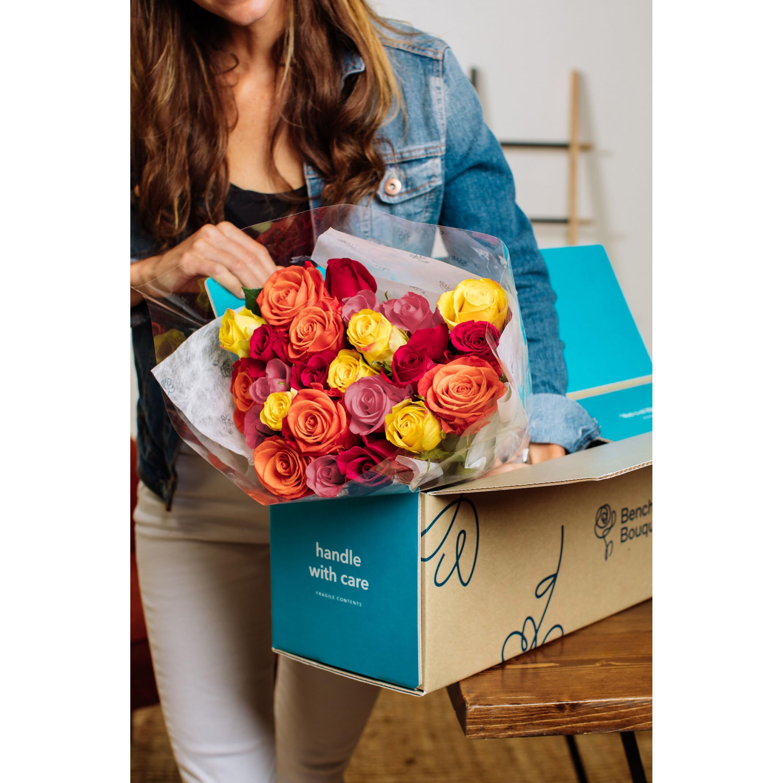 Benchmark Bouquets, 24 Stem Rainbow Roses, Glass Vase Included, Gift Fresh Flowers For Birthday, Anniversary, Get Well, Sympathy, Congratulations, Thank You, Just Because