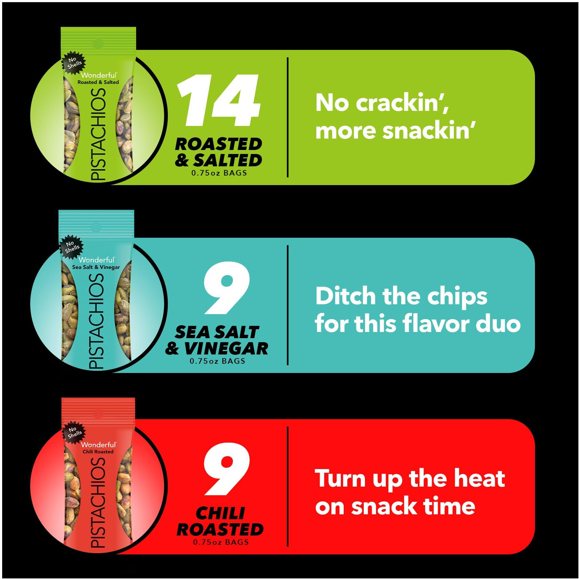 Wonderful Pistachios No Shells, 3 Flavors Mixed Variety Pack Of 32 (0.75 Ounce), Roasted & Salted Nuts (14), Chili Roasted (9), Sea Salt & Vinegar (9), Protein Snacks, Office Snacks, Bulk Snacks