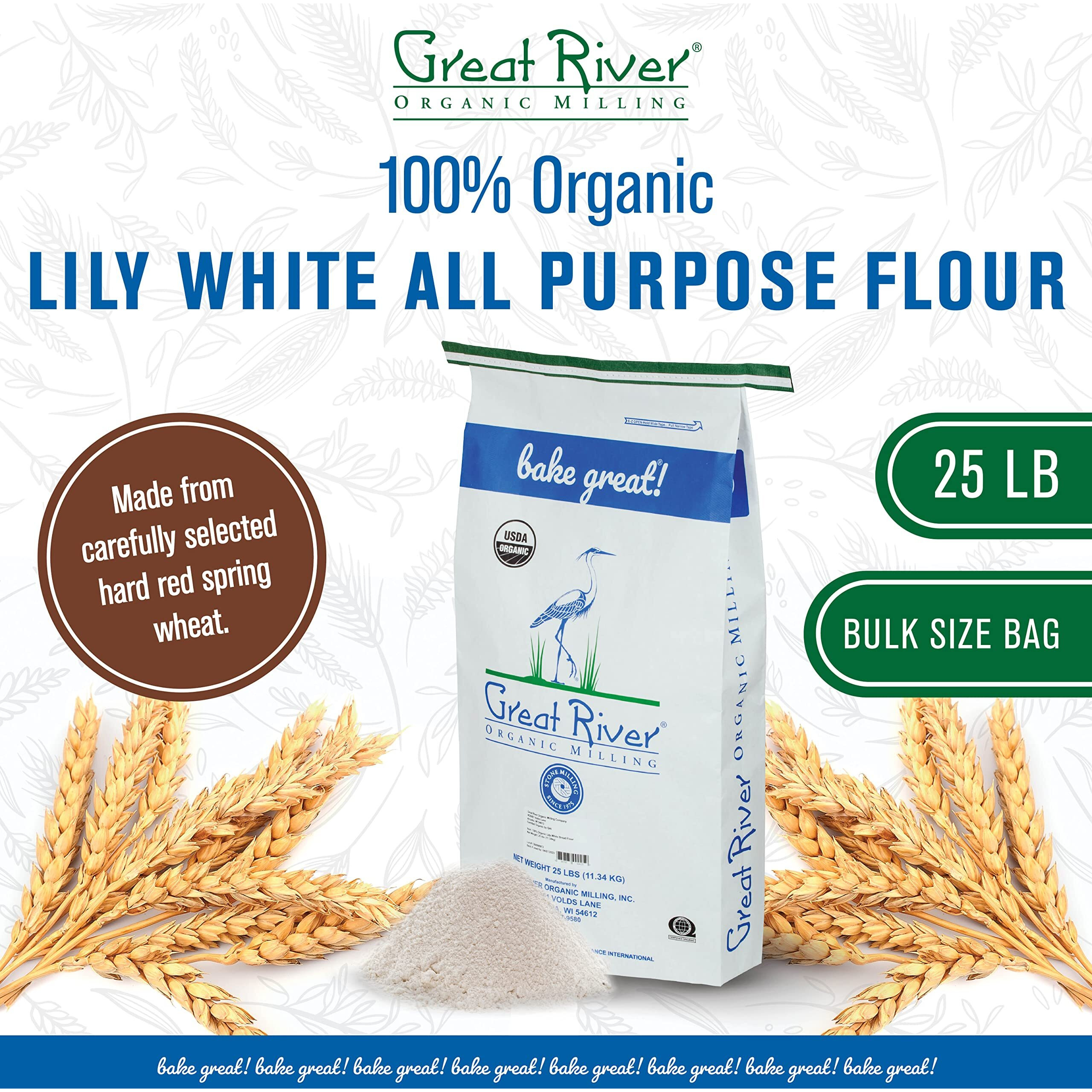 Great River Milling Organic All-Purpose Flour | Lily White All-Purpose Flour | Unbromated & Unbleached | Non-Gmo & Kosher | Balanced Protein & Gluten | Flour For Bread Maker, Ovens | 25 Lb (Pack Of 1)
