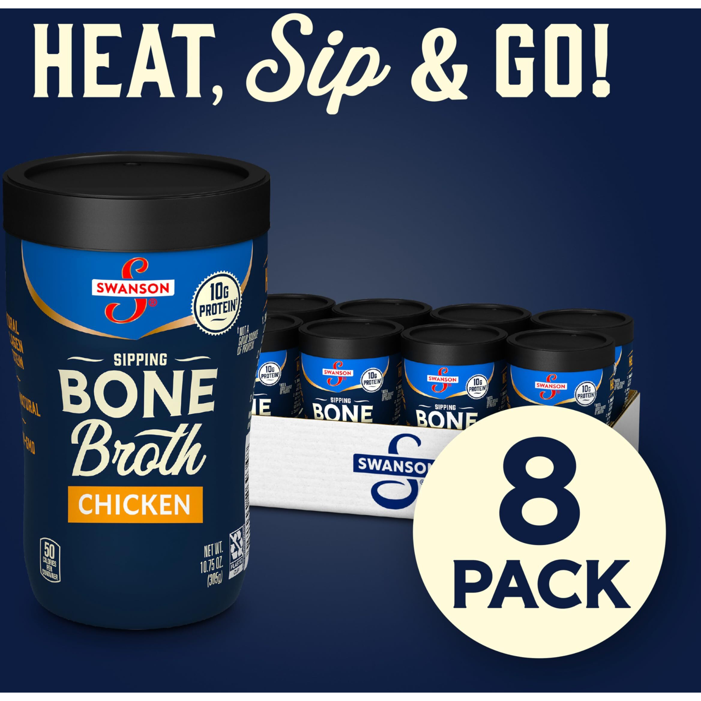 Swanson Sipping Chicken Bone Broth, 10.75 Oz Microwavable Cup (8 Pack)
