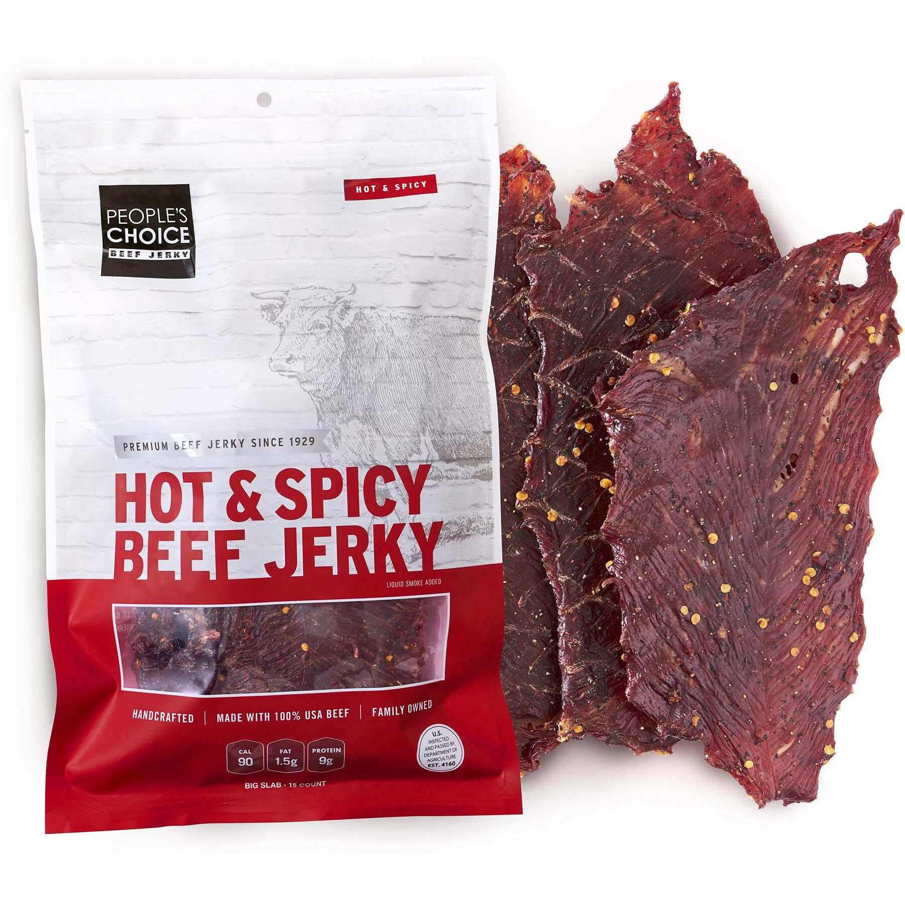 People's Choice Beef Jerky - Classic - Hot & Spicy - Big Slab - Whole Muscle Premium Cuts - Bulk Jerky Package - Thin Sheets - Low Sodium Low Salt High Protein Meat Snack - 15 Count, 1 Bag