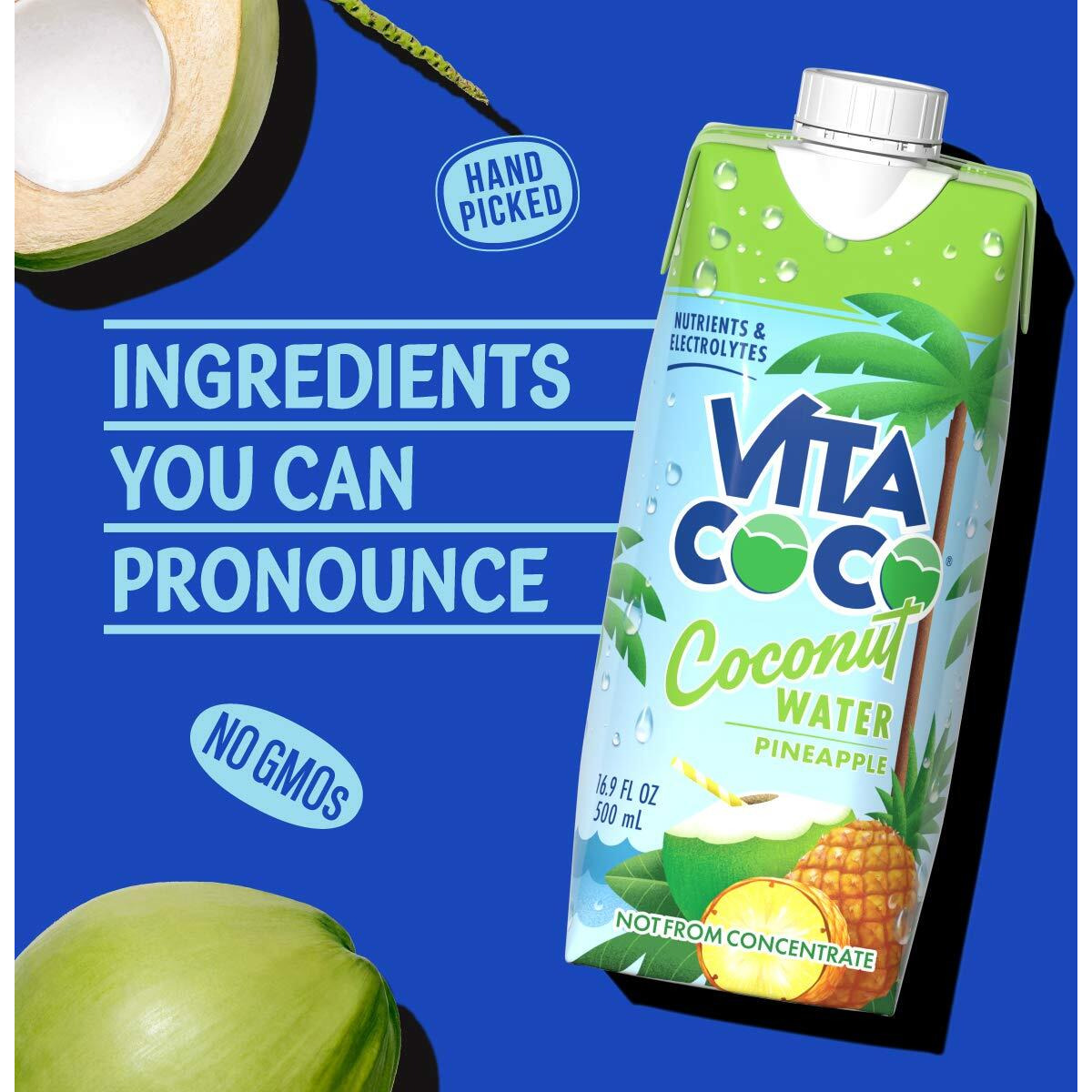 Vita Coco Coconut Water Naturally Hydrating Electrolyte Drink Smart Alternative To Coffee Soda And Sports Drinks Gluten Free, Pineapple, 16.9 Fl Oz (Pack Of 12), 202.8 Fl Oz