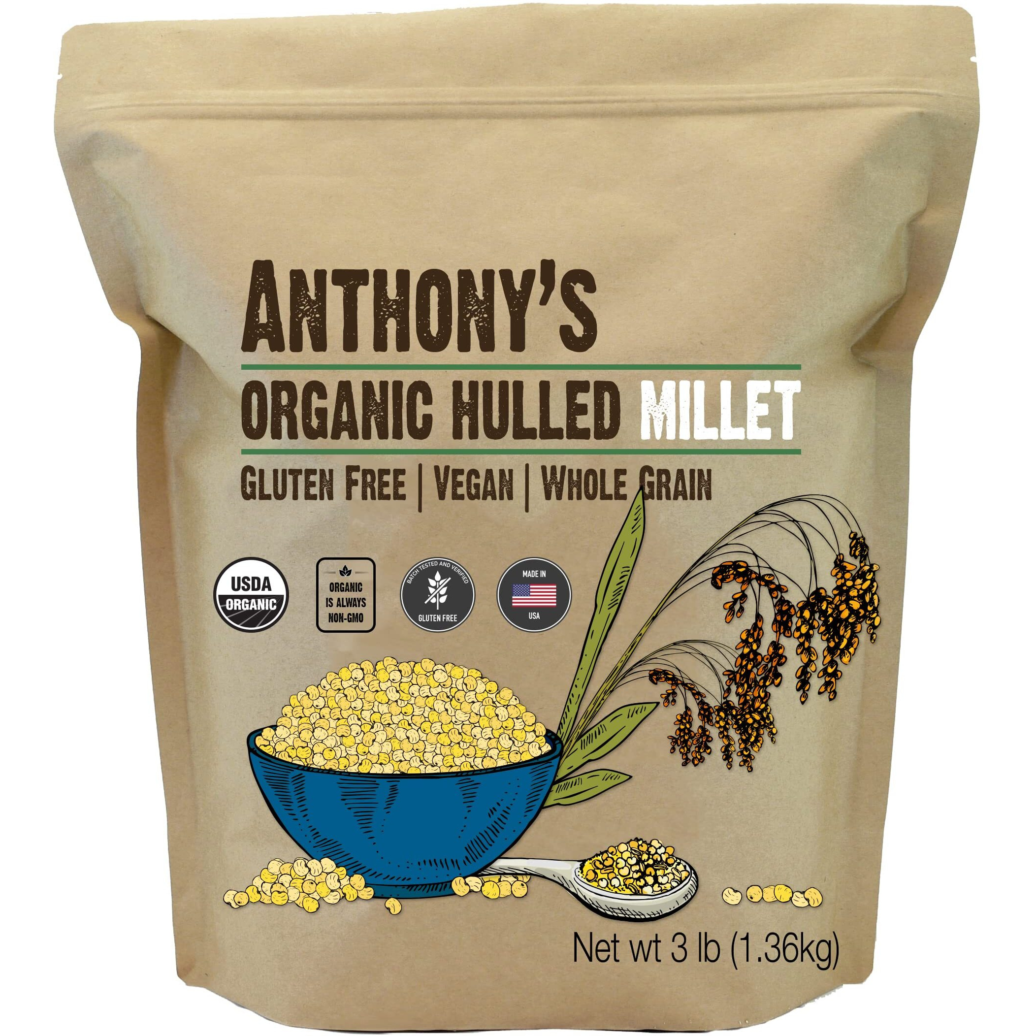 Anthony's Organic Hulled Millet, 3 Lb, Gluten Free, Raw & Grown In Usa