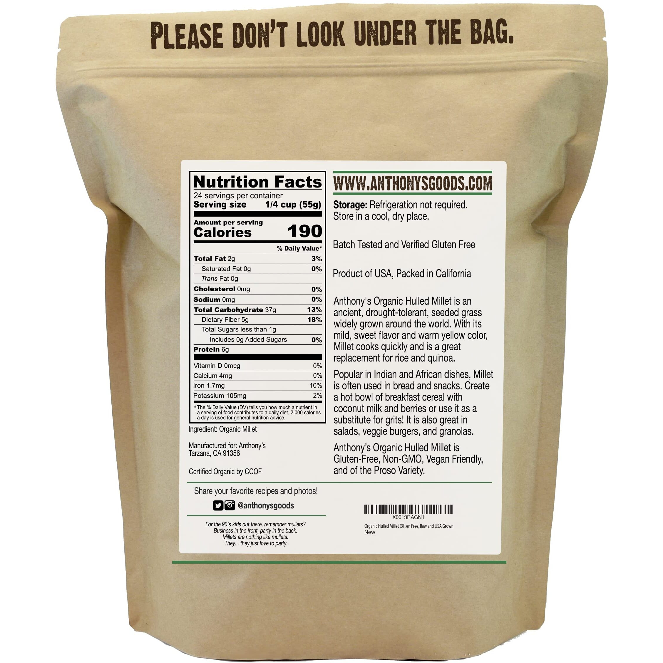 Anthony's Organic Hulled Millet, 3 Lb, Gluten Free, Raw & Grown In Usa