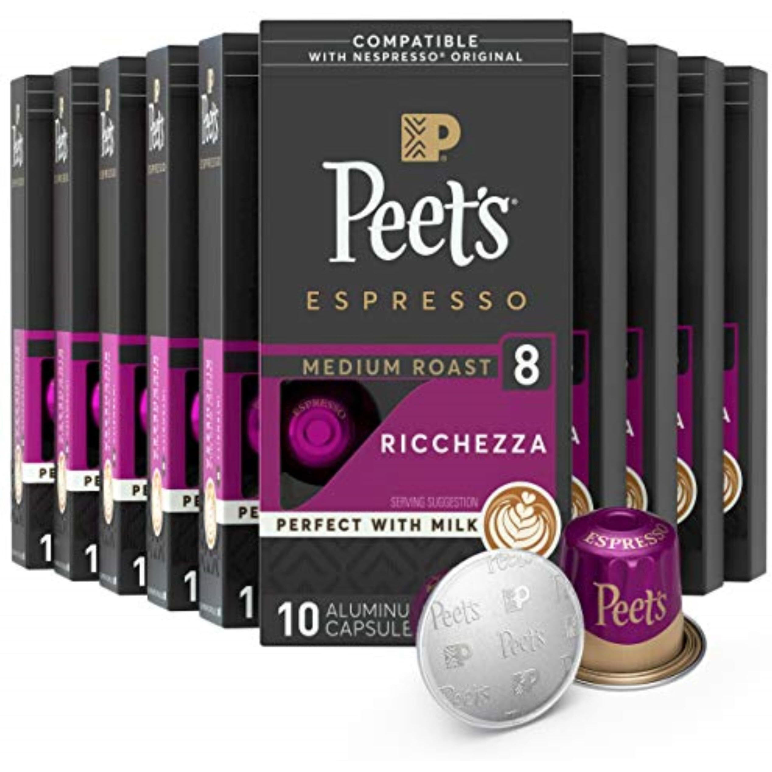 Peet's Coffee, Medium Roast Espresso Pods, Cafe Inspired Ricchezza Intensity 8, 100 Count (10 Boxes Of 10 Espresso Capsules)