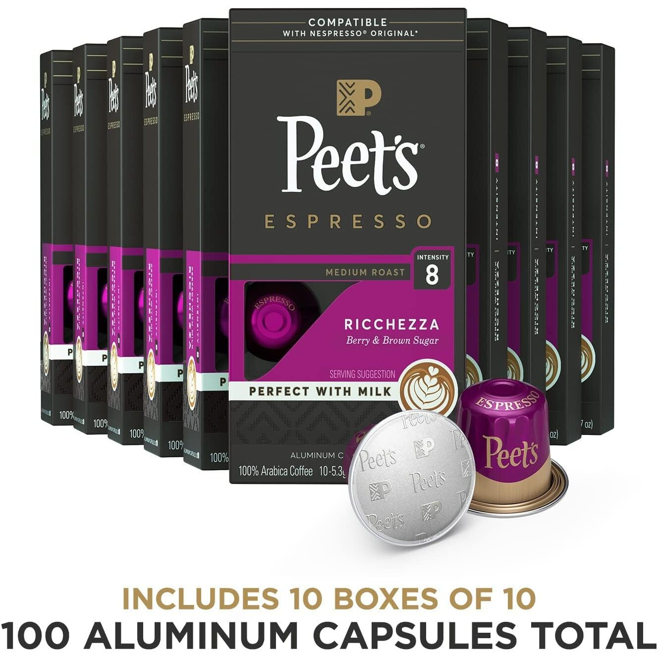 Peet's Coffee, Medium Roast Espresso Pods, Cafe Inspired Ricchezza Intensity 8, 100 Count (10 Boxes Of 10 Espresso Capsules)