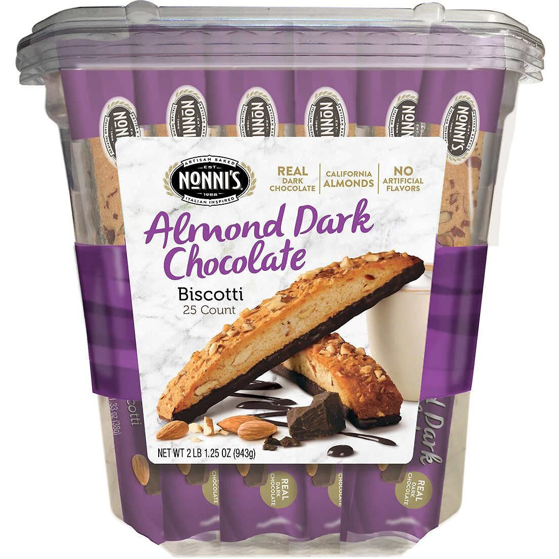 Nonni's Almond Dark Chocolate Biscotti 25 Count, 2Lb,1.25 Oz (943 G)