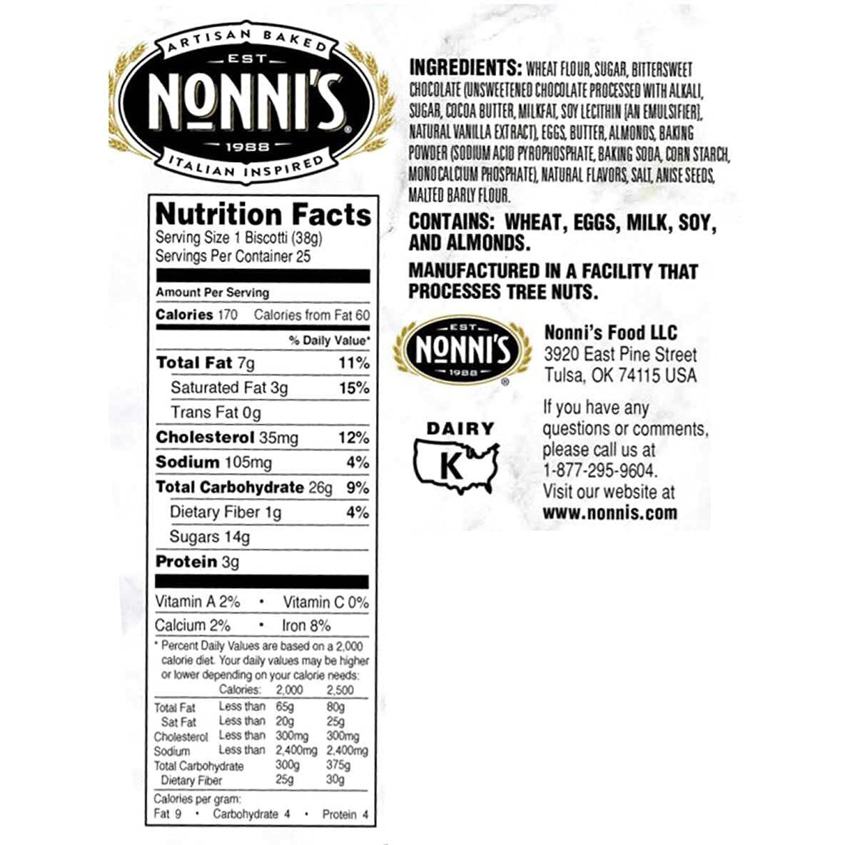 Nonni's Almond Dark Chocolate Biscotti 25 Count, 2Lb,1.25 Oz (943 G)