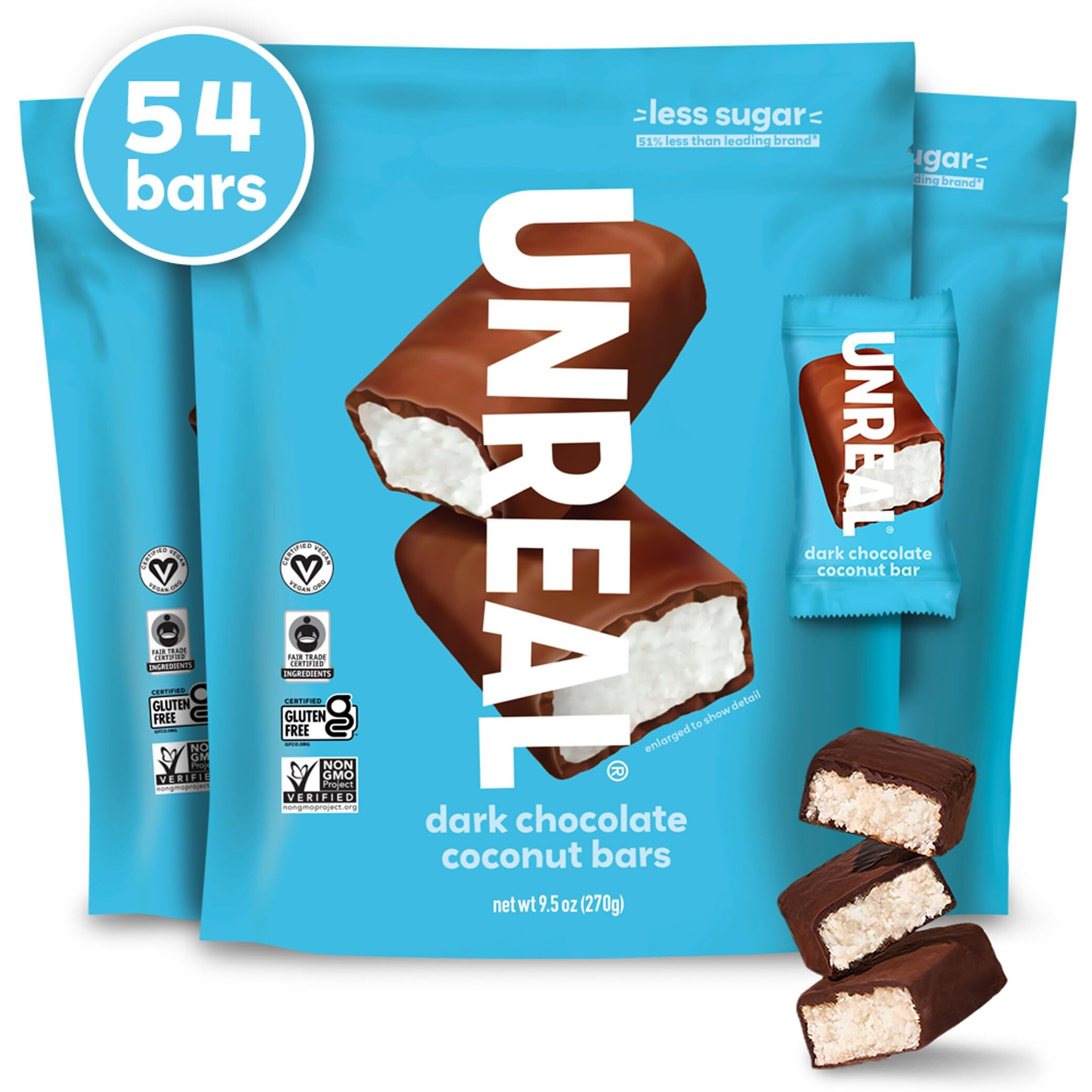 Unreal Dark Chocolate Coconut Bars (3 Value Size Bags) | Vegan, 3G Sugar, & 3 Simple Ingredients | Non-Gmo, Gluten Free, & Fair Trade | 9.5Oz Each