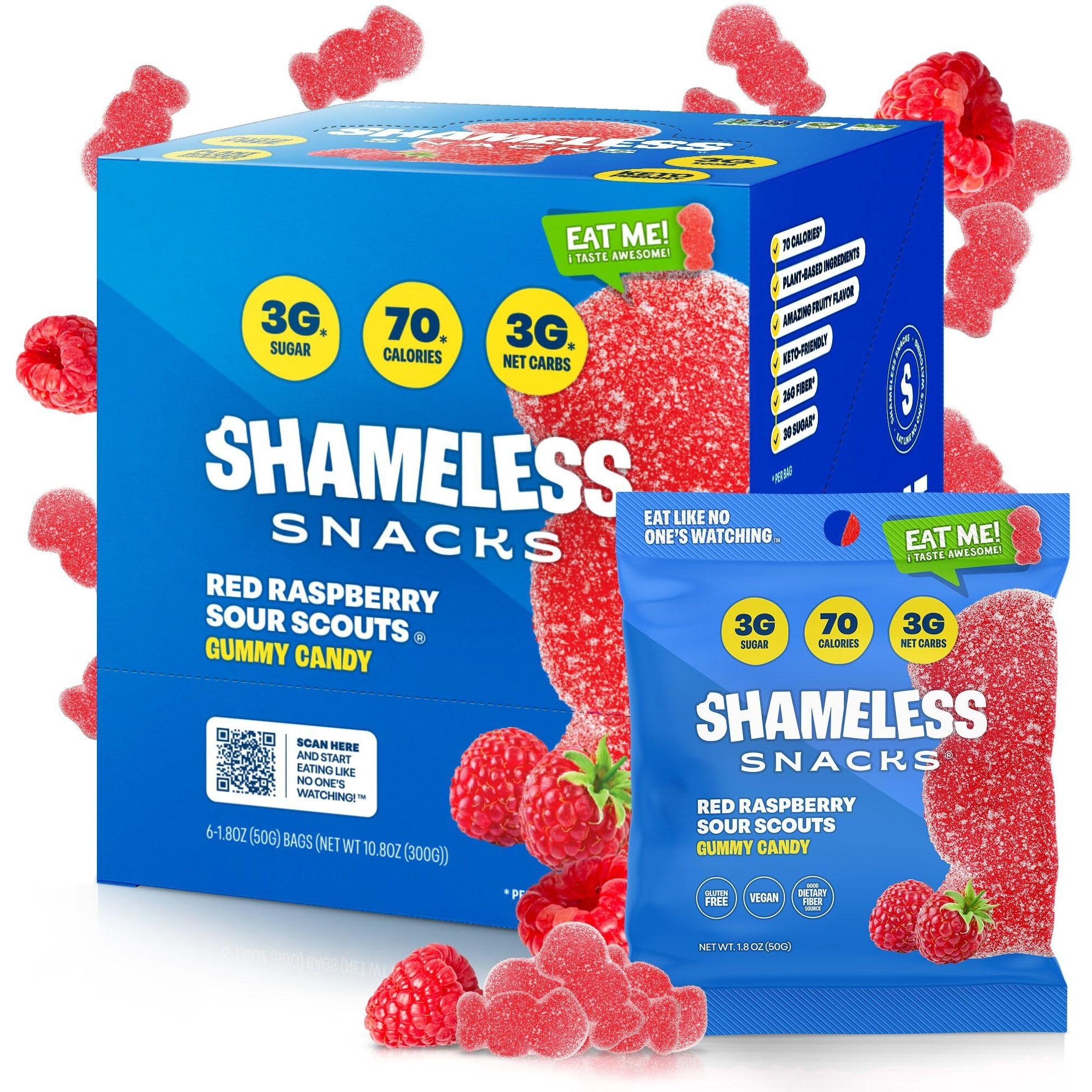 Shameless Snacks - Healthy Low Calorie Snacks, Low Carb Keto Gummies (Gluten Free Candy) - 6 Pack Red Raspberry Sour Scouts