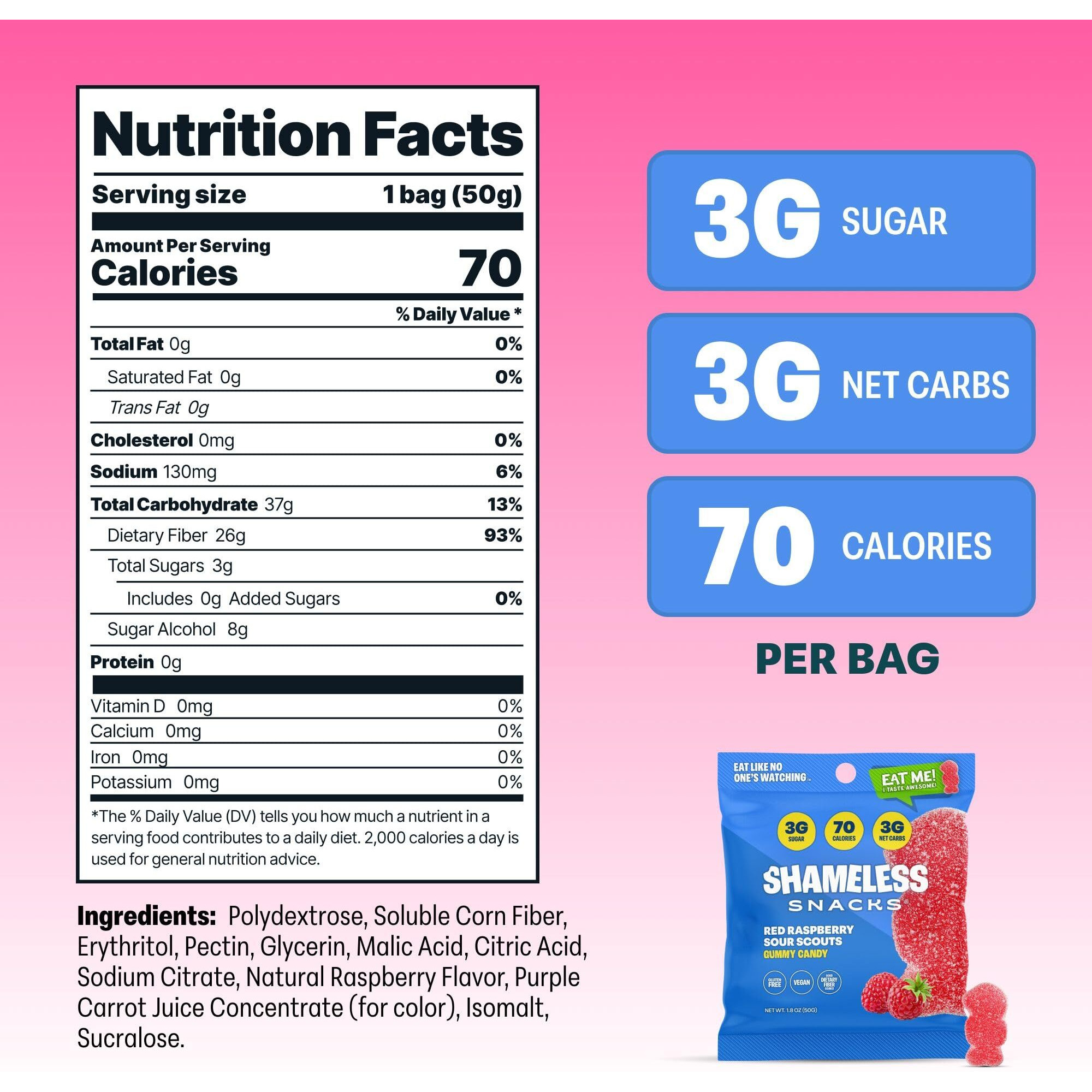 Shameless Snacks - Healthy Low Calorie Snacks, Low Carb Keto Gummies (Gluten Free Candy) - 6 Pack Red Raspberry Sour Scouts