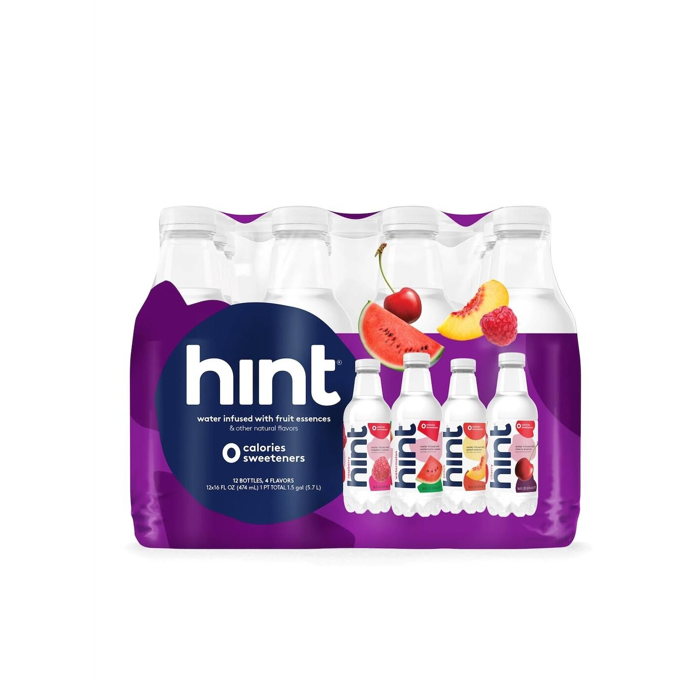 Hint Water Purple Variety Pack (Pack Of 12), 16 Ounce Bottles, 3 Bottles Each Of Raspberry, Watermelon, Cherry, And Peach, Zero Calories, Zero Sugar And Zero Sweeteners