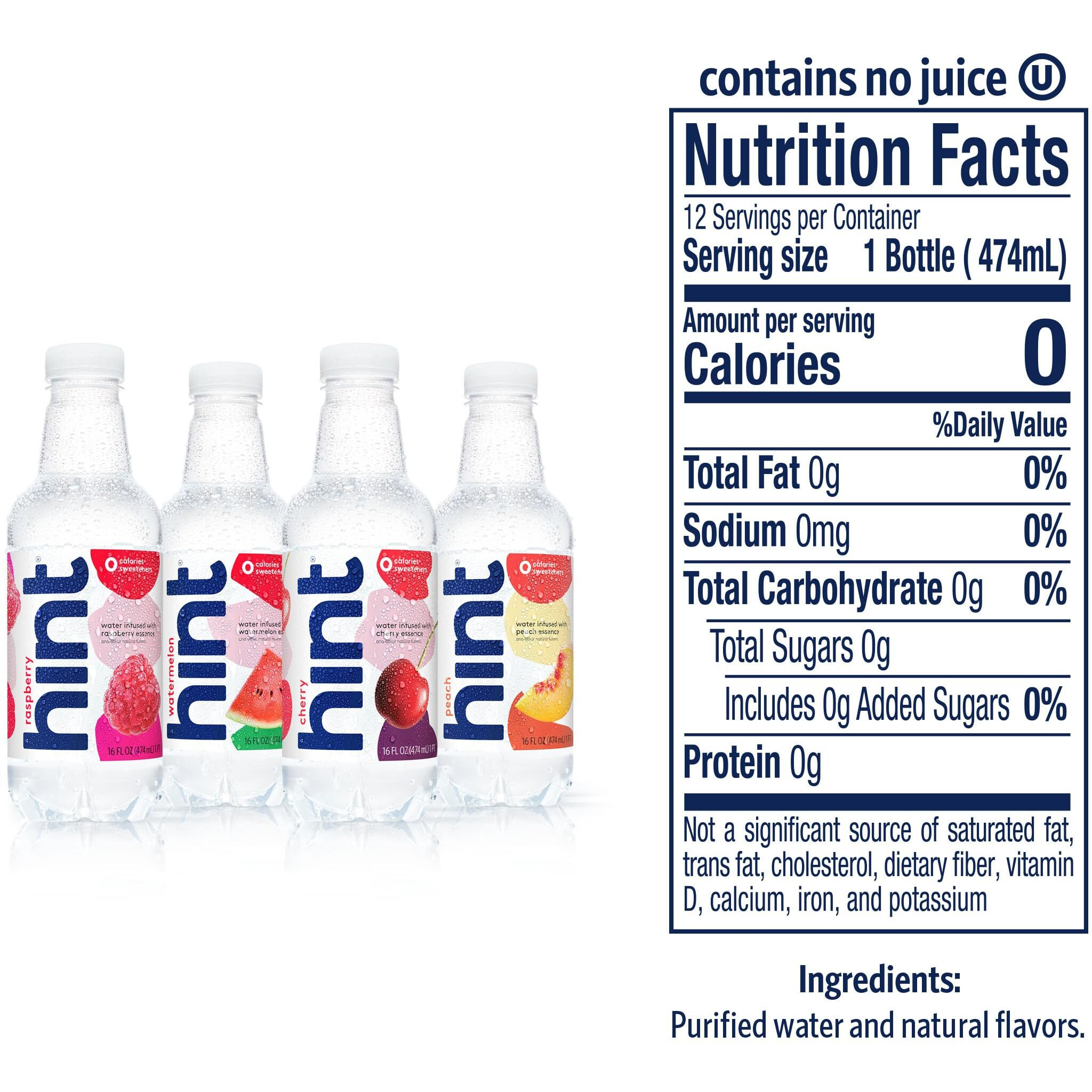 Hint Water Purple Variety Pack (Pack Of 12), 16 Ounce Bottles, 3 Bottles Each Of Raspberry, Watermelon, Cherry, And Peach, Zero Calories, Zero Sugar And Zero Sweeteners