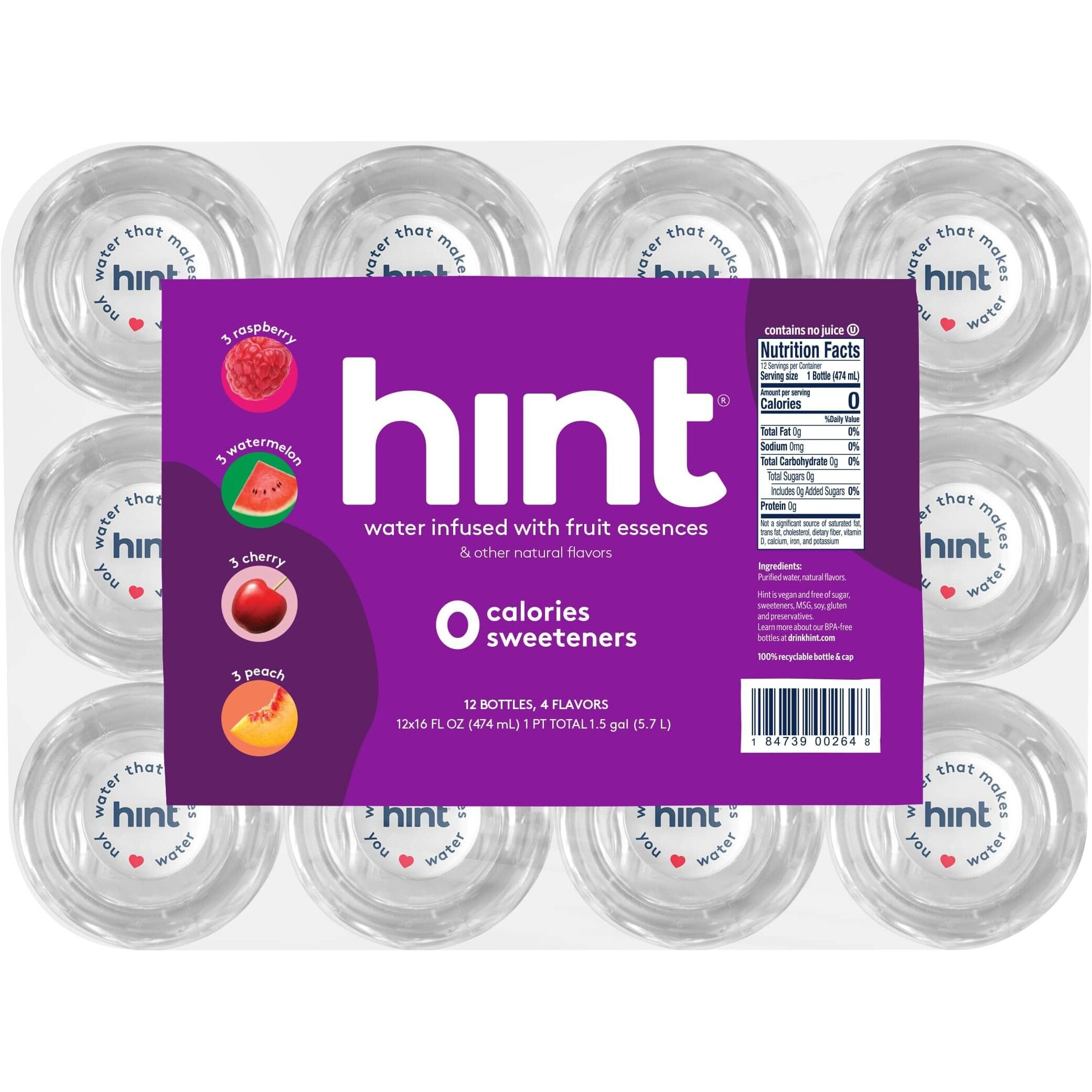 Hint Water Purple Variety Pack (Pack Of 12), 16 Ounce Bottles, 3 Bottles Each Of Raspberry, Watermelon, Cherry, And Peach, Zero Calories, Zero Sugar And Zero Sweeteners
