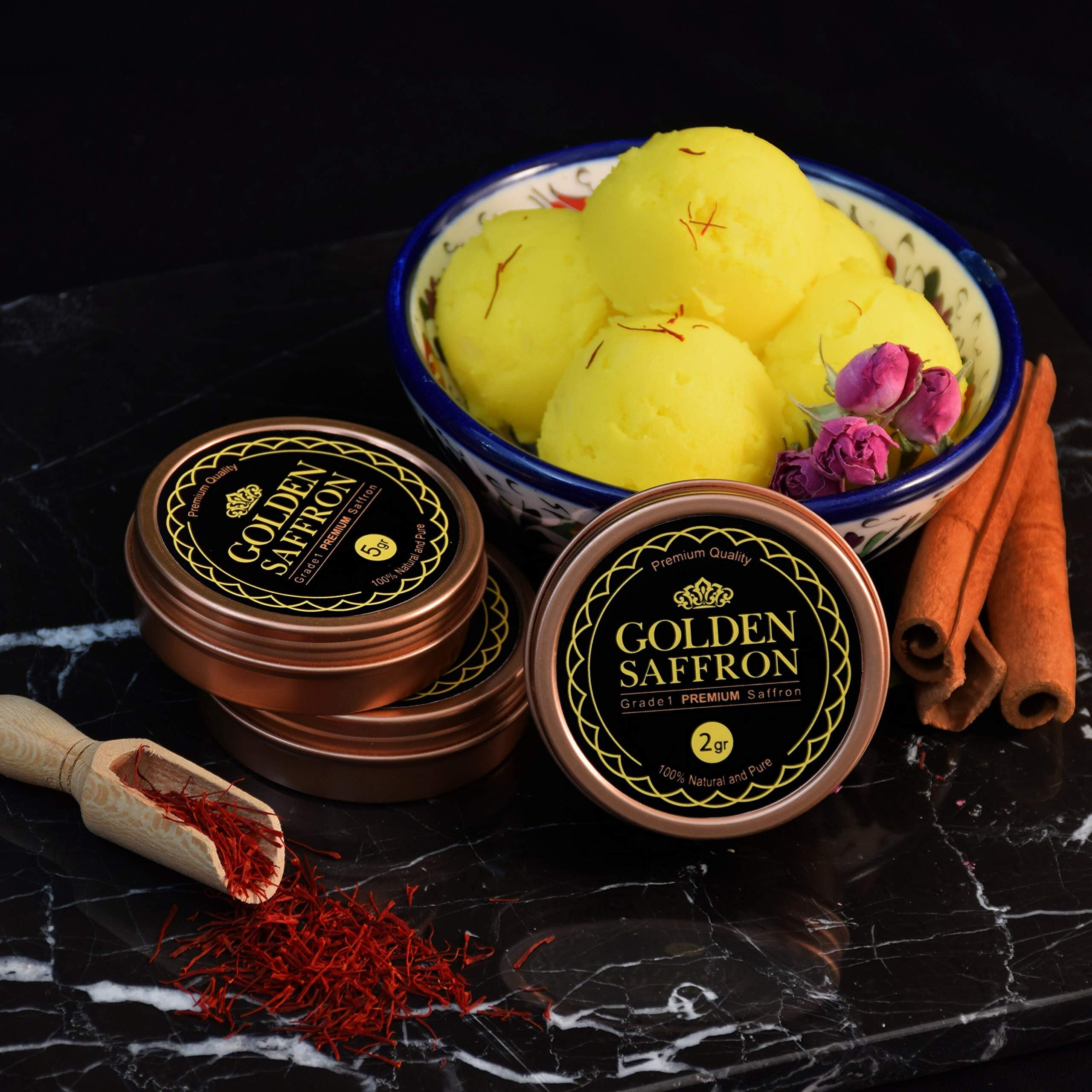 Golden Saffron, Finest Pure Premium All Red Saffron Threads, Grade A+ Super Negin, Non-Gmo Verified. For Tea, Paella, Rice, Desserts, Golden Milk And Risotto (5 Grams)