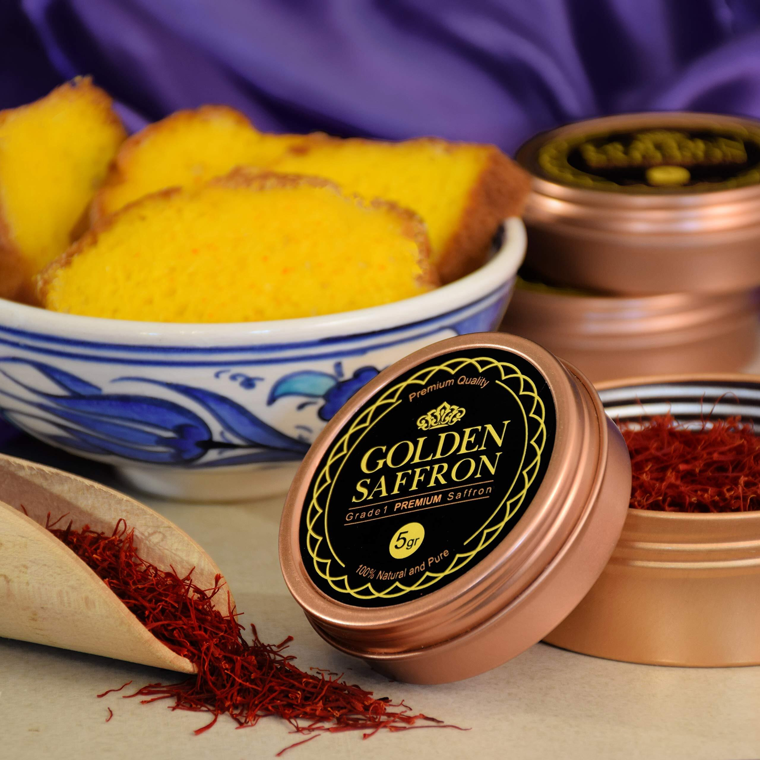 Golden Saffron, Finest Pure Premium All Red Saffron Threads, Grade A+ Super Negin, Non-Gmo Verified. For Tea, Paella, Rice, Desserts, Golden Milk And Risotto (5 Grams)