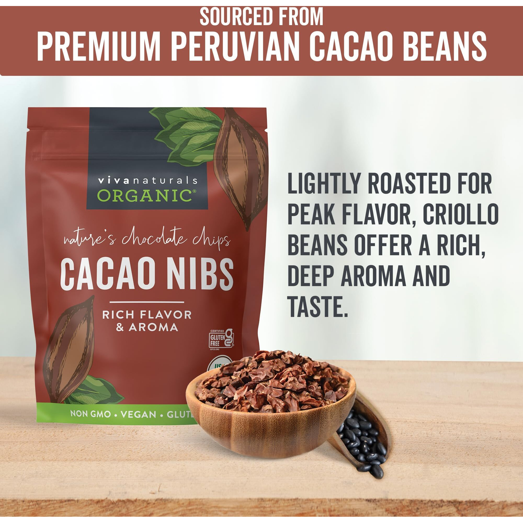 Viva Naturals Organic Cacao Nibs, 2 Lb - Certified Keto And Vegan Superfood, Perfect For Gluten Free Baking And Smoothie Topper, Premium Criollo Beans, Non-Gmo