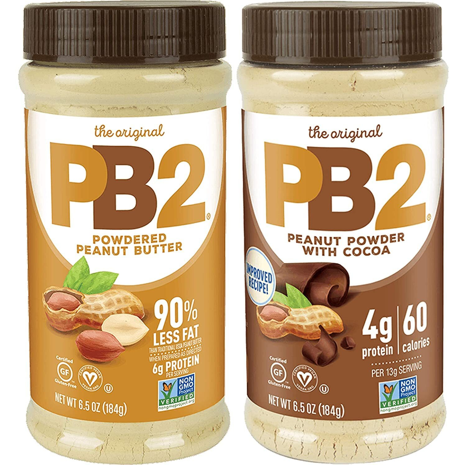 Pb2 Powdered Peanut Butter Bundle, Keto Diet, Gluten Free, Mix In Protein Shakes & Smoothies, Low Carb, Original Peanut Butter & Peanut Butter Cocoa Flavors (2 Jars - 6.5 Oz Each)